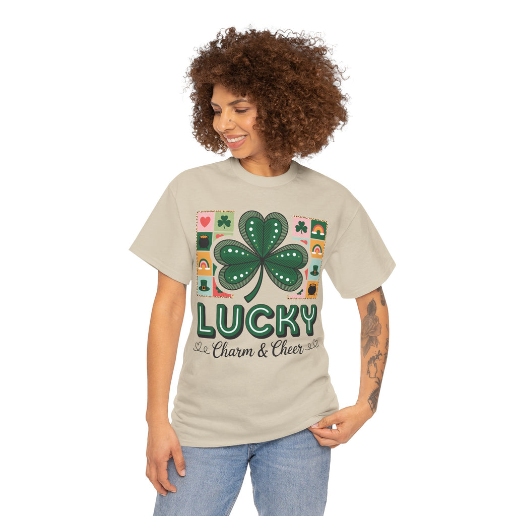 Lucky Charm & Cheer Clover Tee — Patchwork St. Patrick’s Day Unisex Cotton T-Shirt