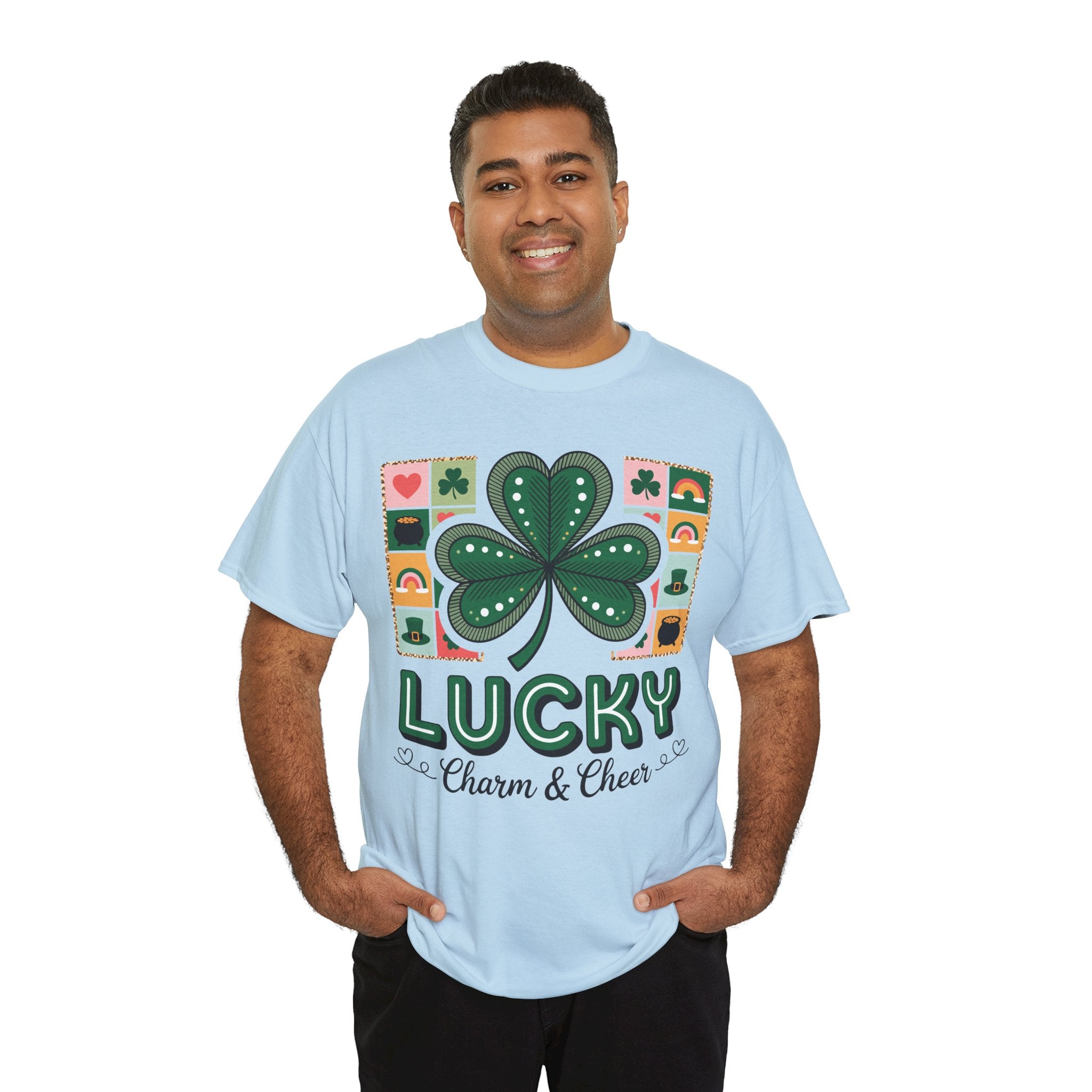 Lucky Charm & Cheer Clover Tee — Patchwork St. Patrick’s Day Unisex Cotton T-Shirt