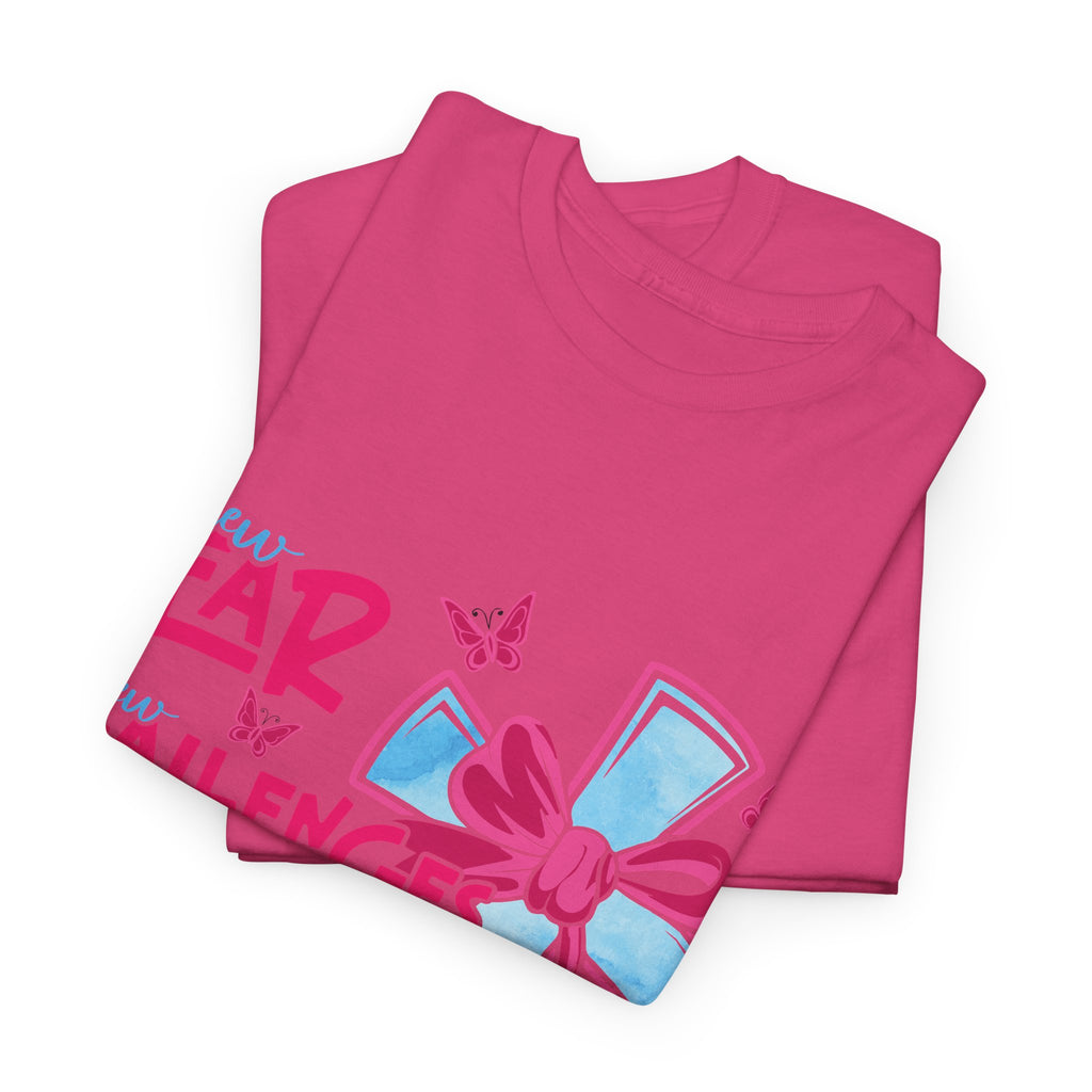 Christian T-Shirt — “New Year, New Challenges, Same Great God” with Pink Bow Cross & Butterflies. Unisex Cotton Tee
