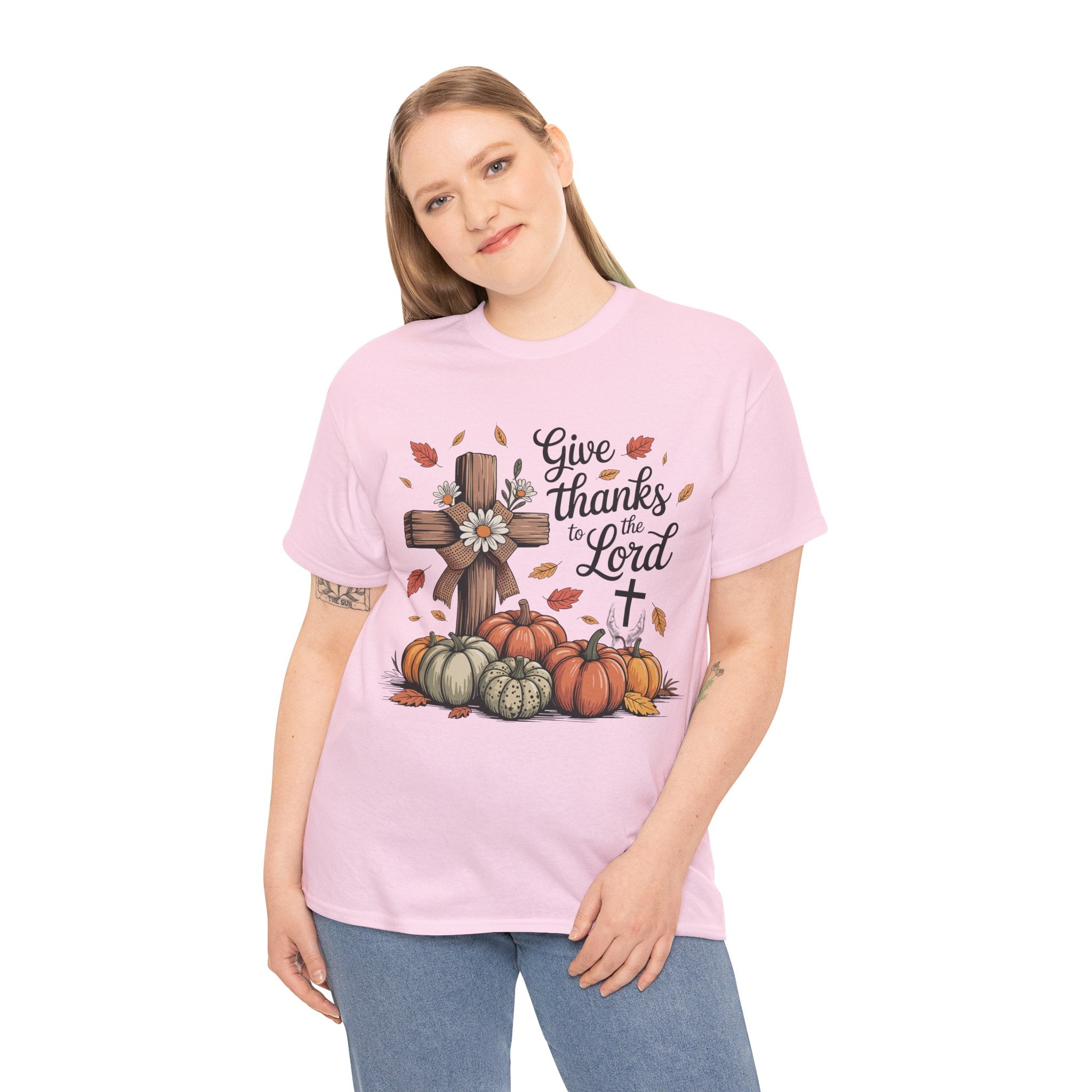 Give Thanks to the Lord Autumn Tee — Wooden Cross, Pumpkins & Daisies..Unisex Cotton Tee