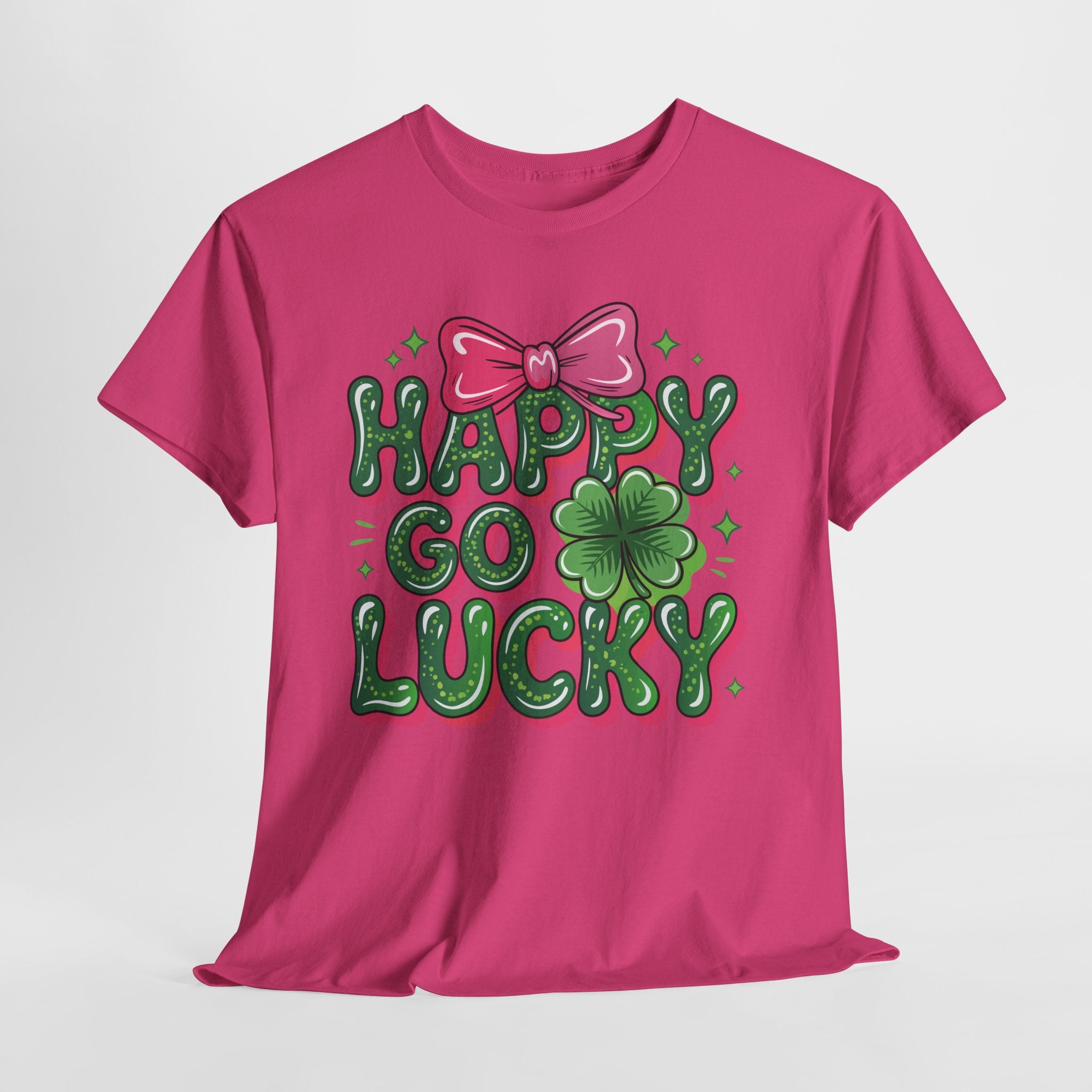 Happy Go Lucky Four-Leaf Clover Tee — Glossy Green Letters & Pink Bow Unisex Cotton Tee