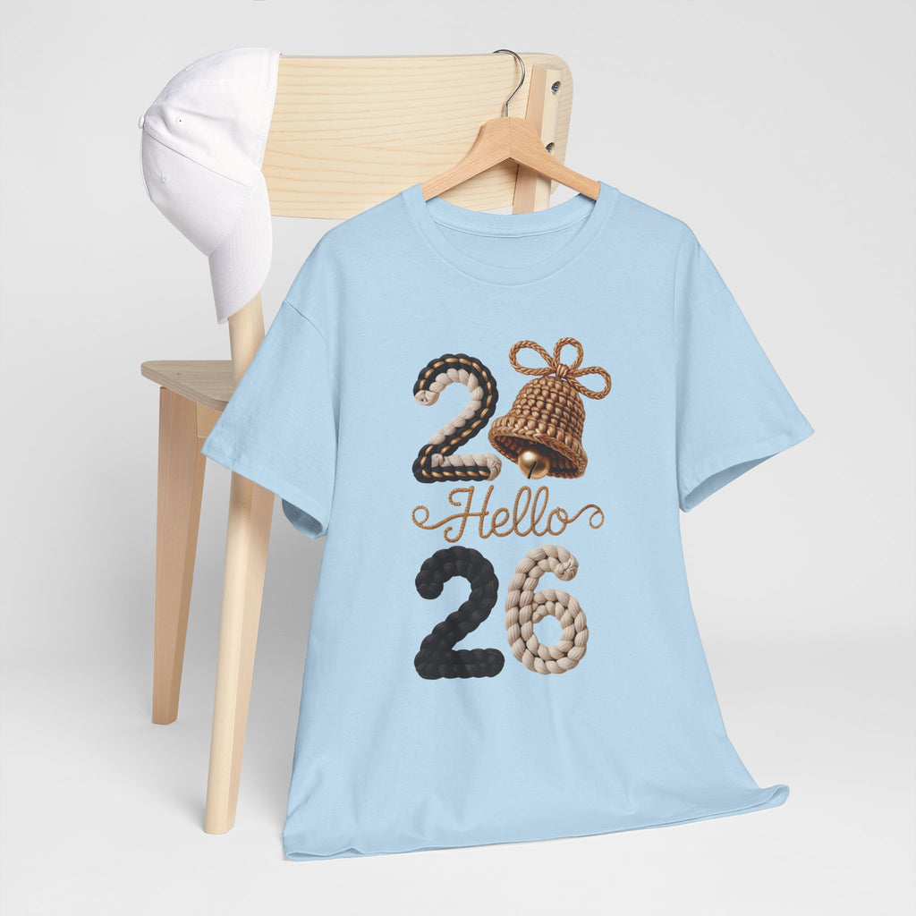 Hello 2026 Tee — Cozy Faux Yarn Braided Numbers with Woven Golden Bell..Unisex Cotton Tee
