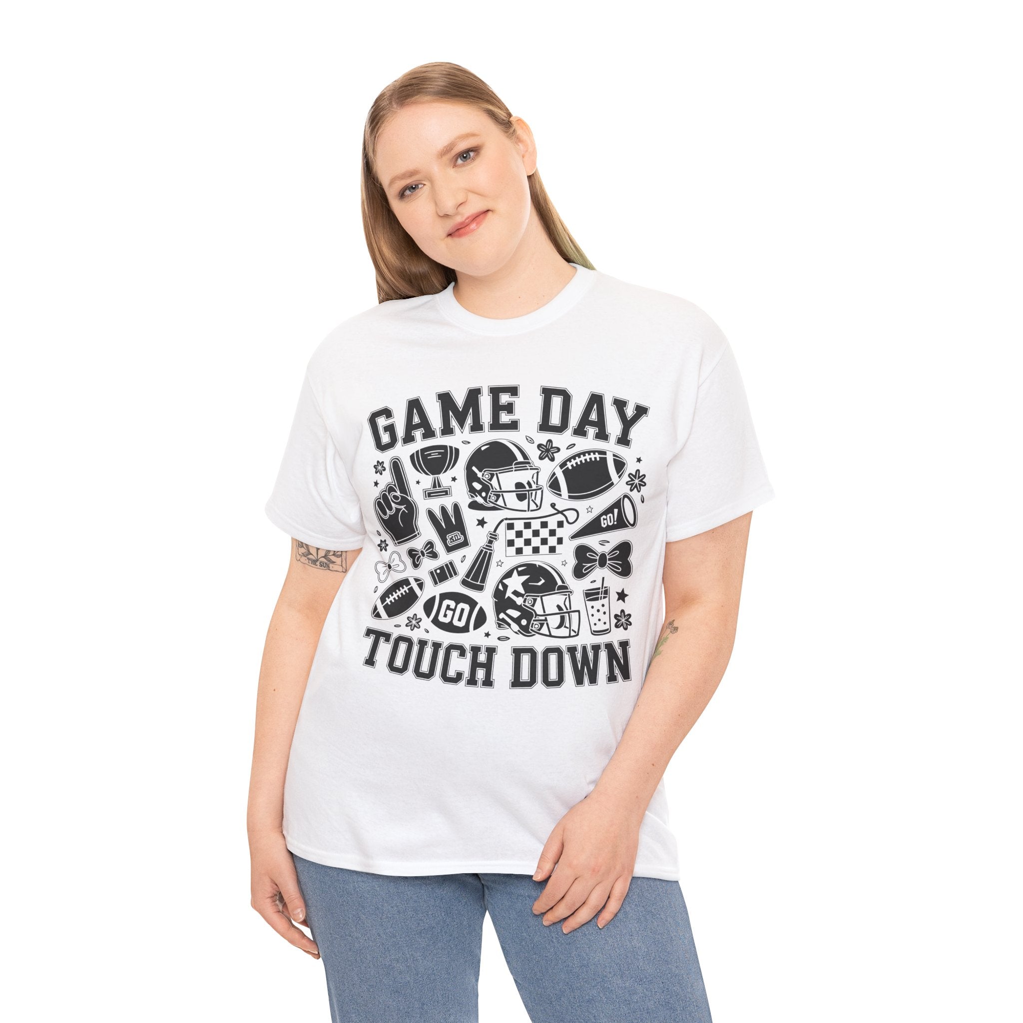 Game Day Touch Down Football T‑Shirt — Helmet & Cheer Monochrome Design Unisex Cotton Tee