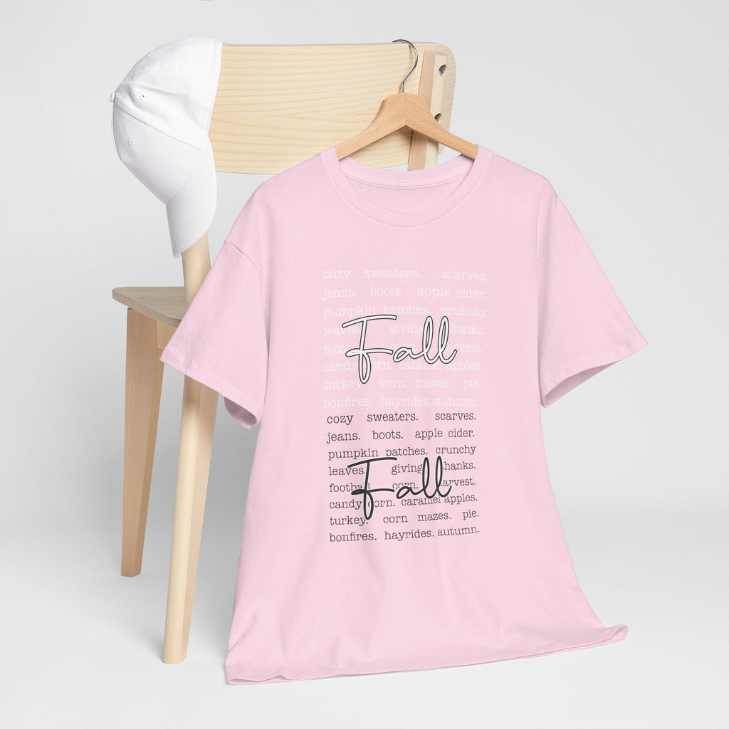 Fall Cursive Typography T-Shirt — Sweaters, Cider & Pumpkins. Unisex Cotton Tee