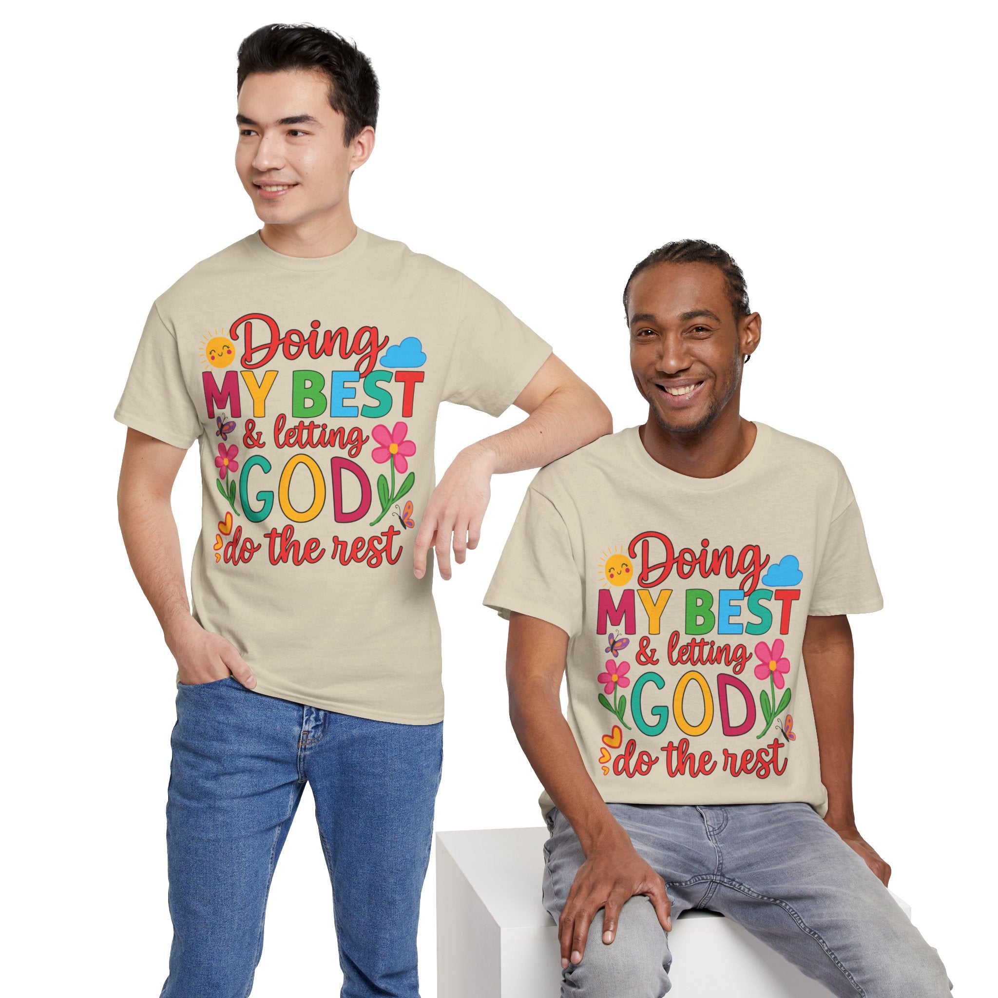 Doing My Best & Letting God Do The Rest T-Shirt — Floral Sun & Butterflies Inspirational Unisex Cotton Tee