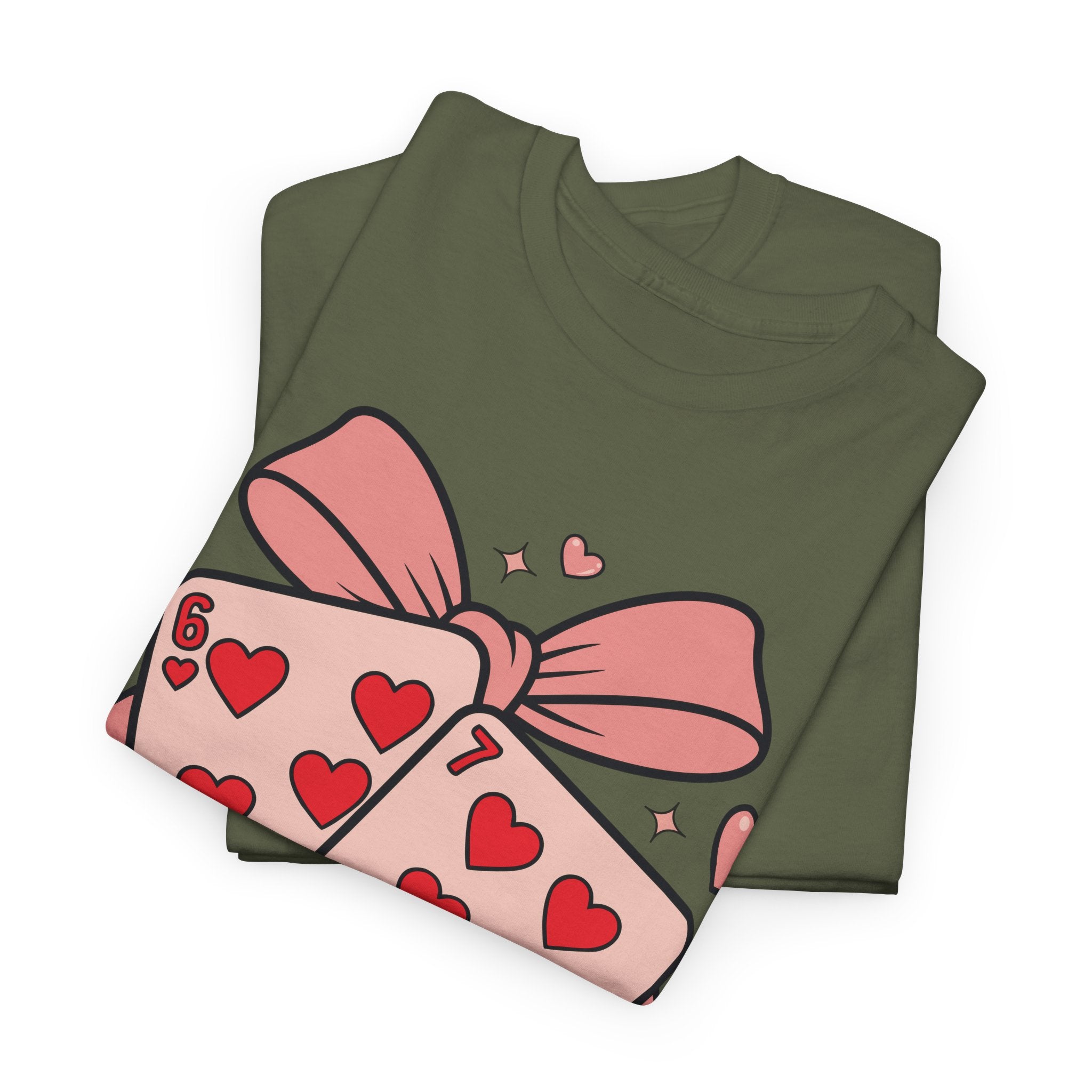 6 & 7 of Hearts T-Shirt — Paired Playing Cards with Pink Bow Unisex Cotton Tee