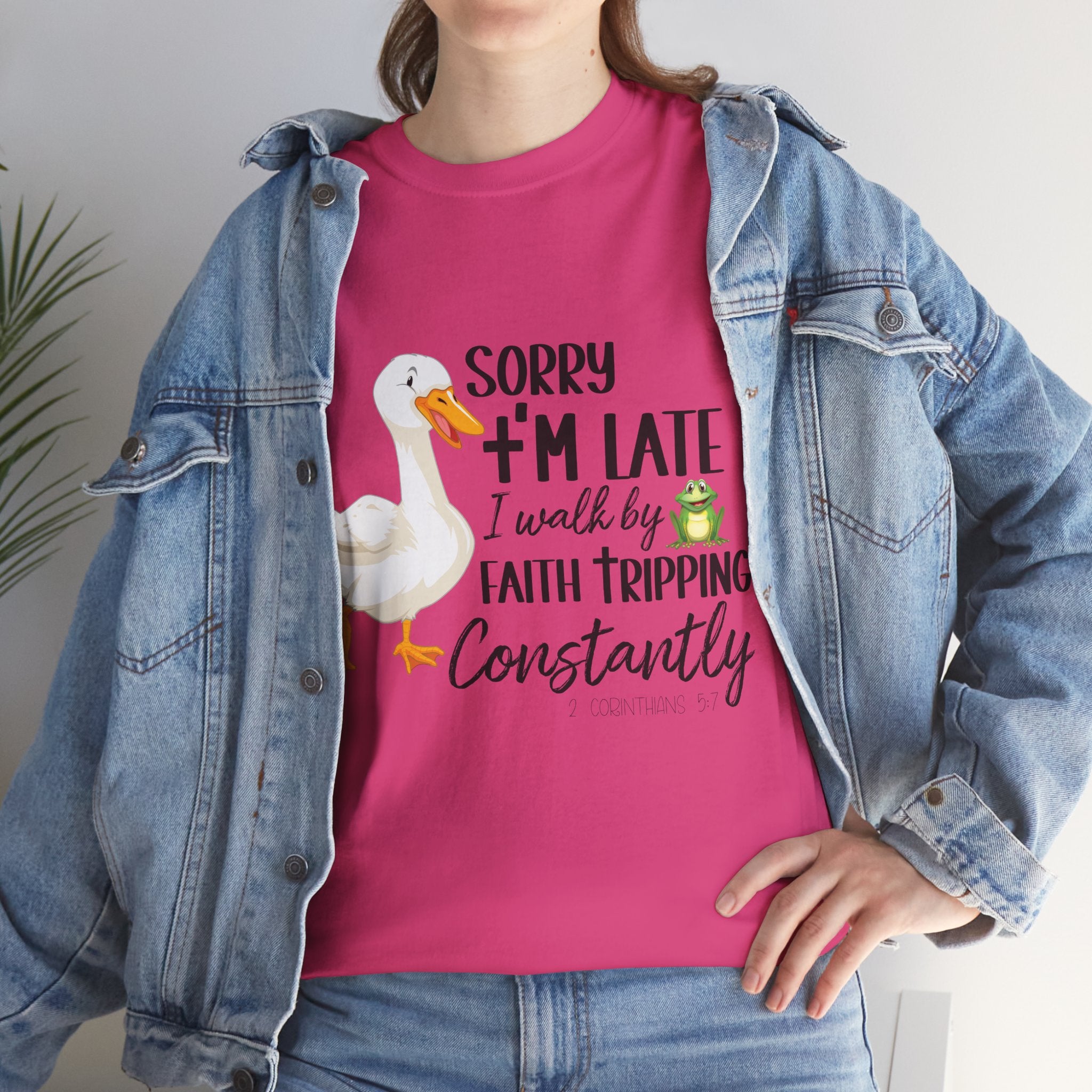 Christian Humor T-Shirt — “Sorry I’m Late, I Walk by Faith Tripping Constantly” (Duck & Frog). Unisex Cotton Tee