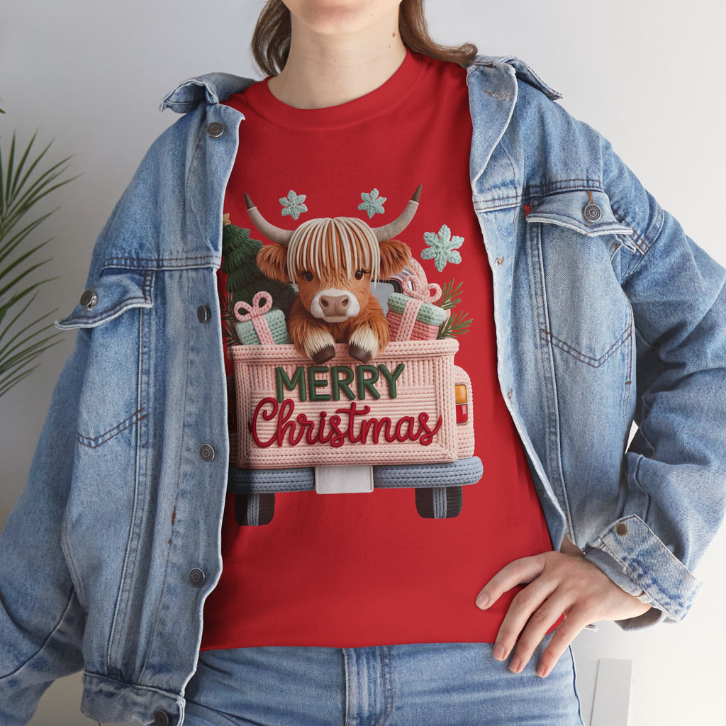 Merry Christmas Highland Cow Knit Truck Unisex Cotton T-Shirt