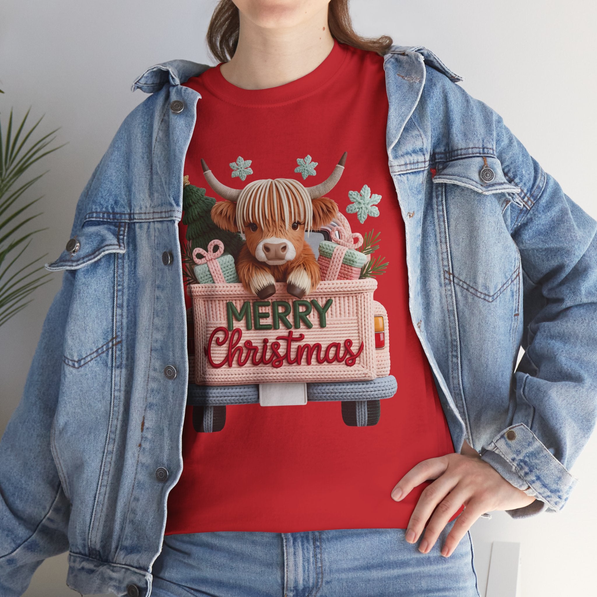 Merry Christmas Highland Cow Knit Truck Unisex Cotton T-Shirt