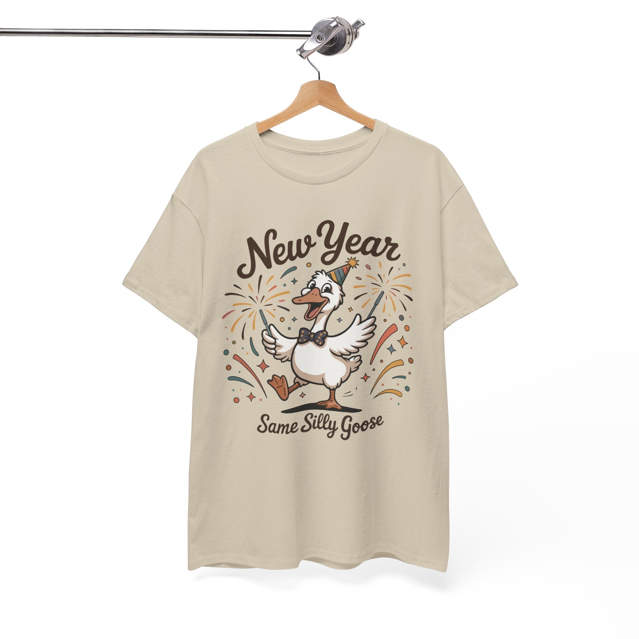 Happy Goose New Year T-Shirt — Party Hat, Fireworks & Confetti Unisex Cotton Tee