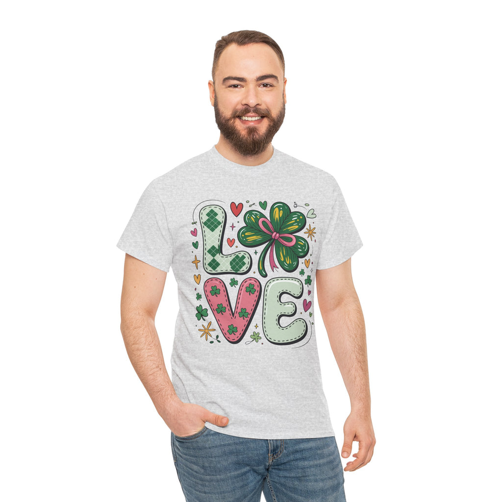 Stitched Clover 'LOVE' Tee — Heart & Patchwork St. Patrick's Unisex Cotton T-Shirt