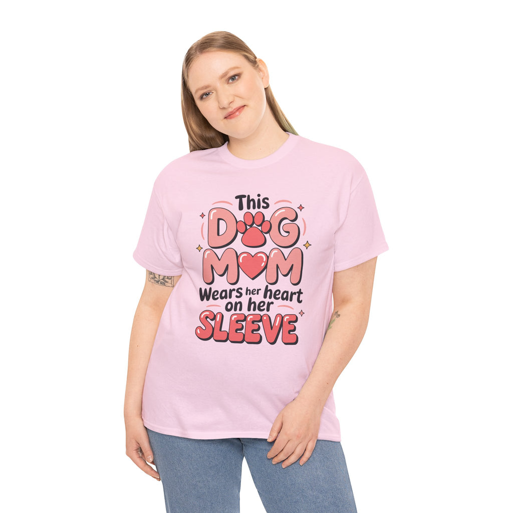 Dog Mom T-Shirt — "This Dog Mom Wears Her Heart on Her Sleeve" Paw & Heart Unisex Cotton Tee