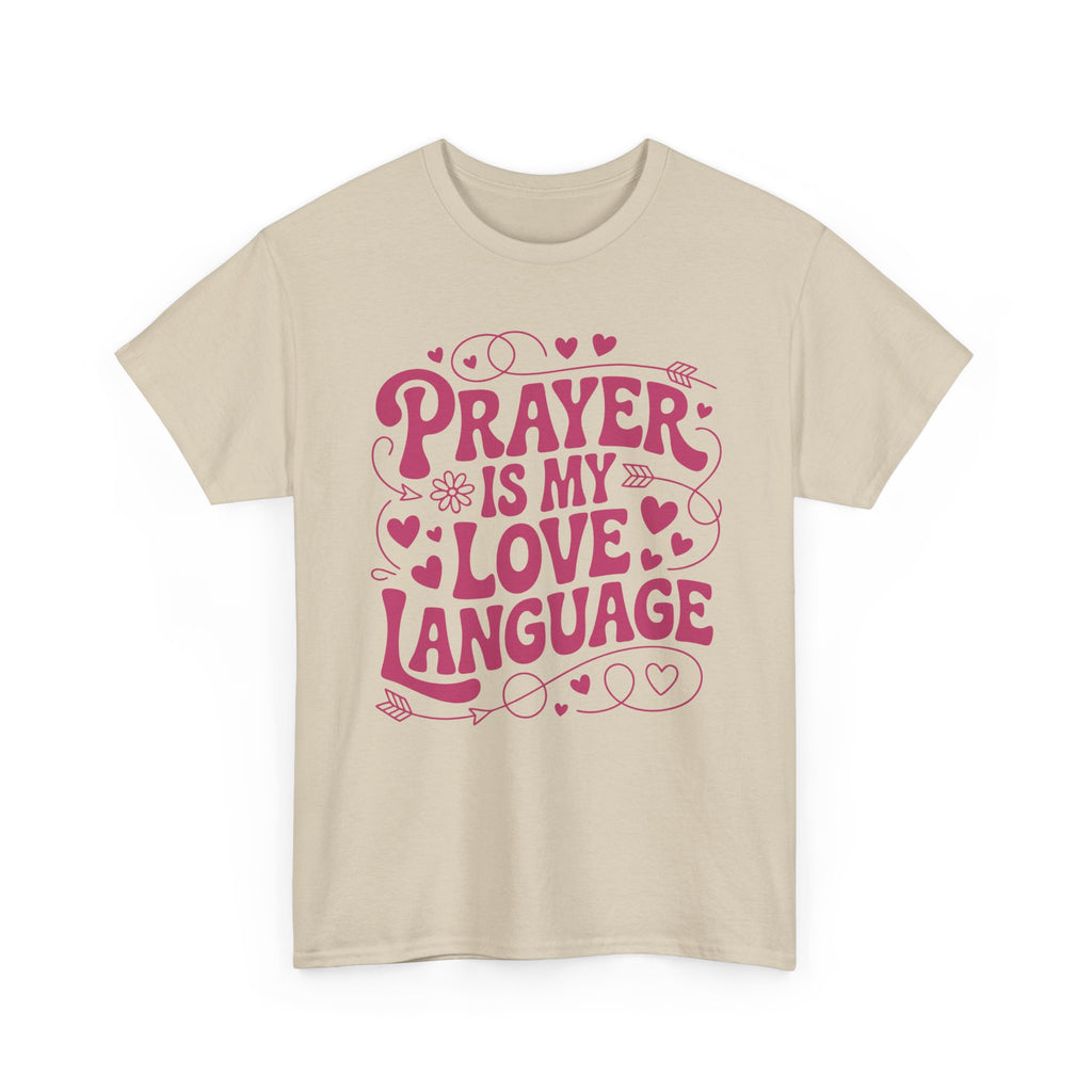 Prayer Is My Love Language Christian Tee — Pastel Pink Hearts Unisex Cotton Tee