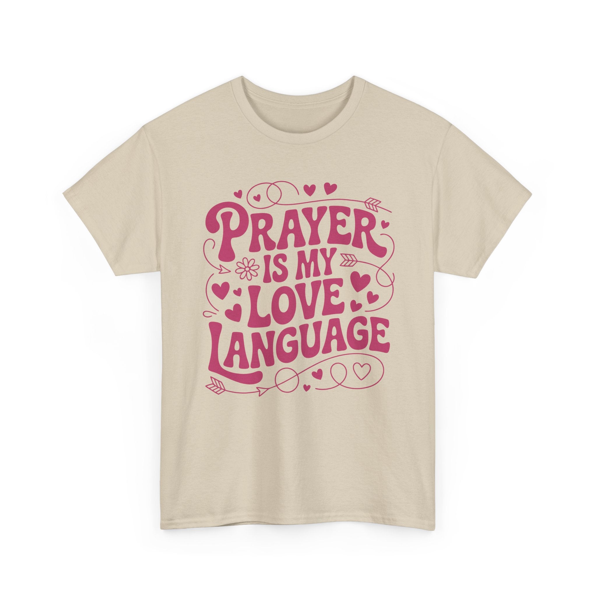 Prayer Is My Love Language Christian Tee — Pastel Pink Hearts Unisex Cotton Tee