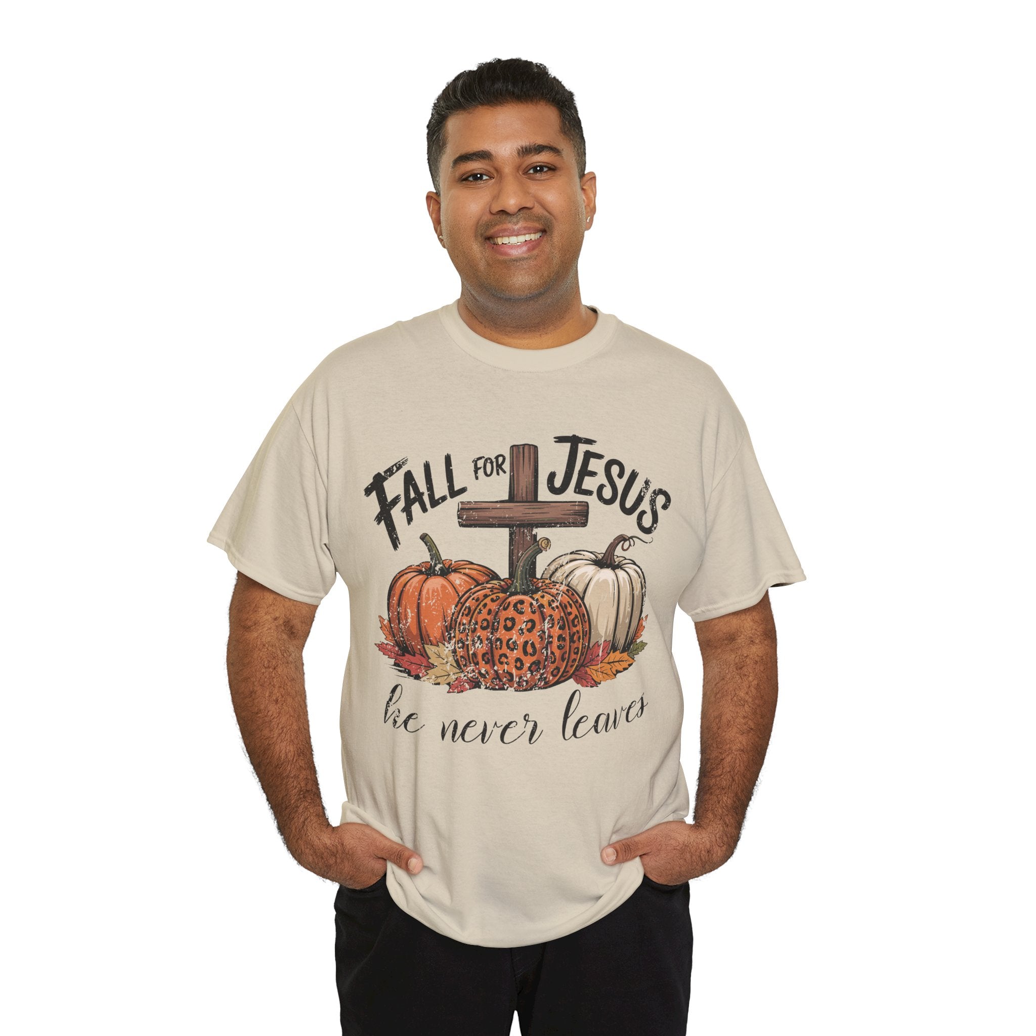 Fall for Jesus Pumpkin Cross Tee — "He Never Leaves" Autumn Christian Unisex Cotton T-Shirt