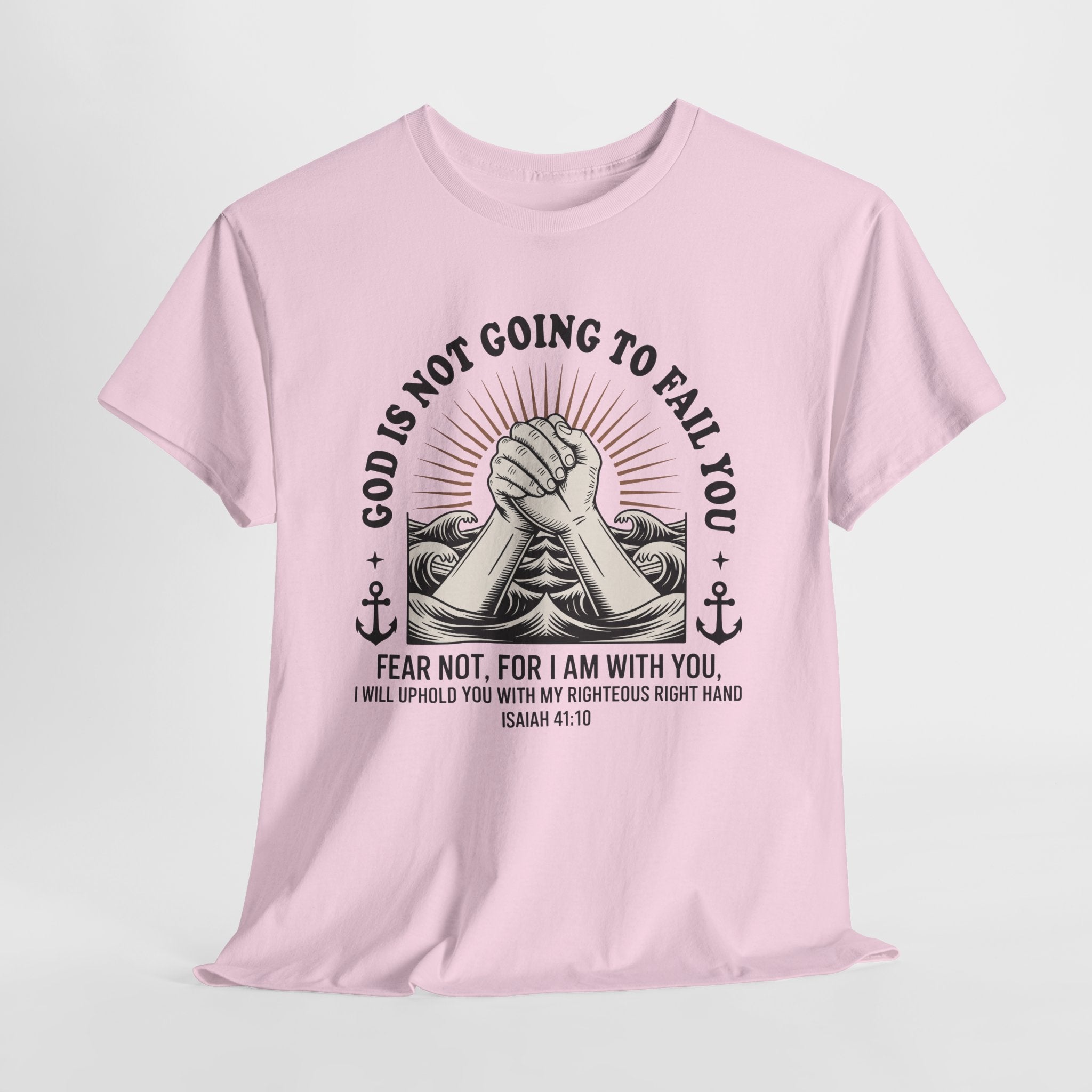 Isaiah 41:10 "Fear Not, For I Am With You" T-Shirt — Clasped Hands Rising from Waves Christian Unisex Cotton Tee