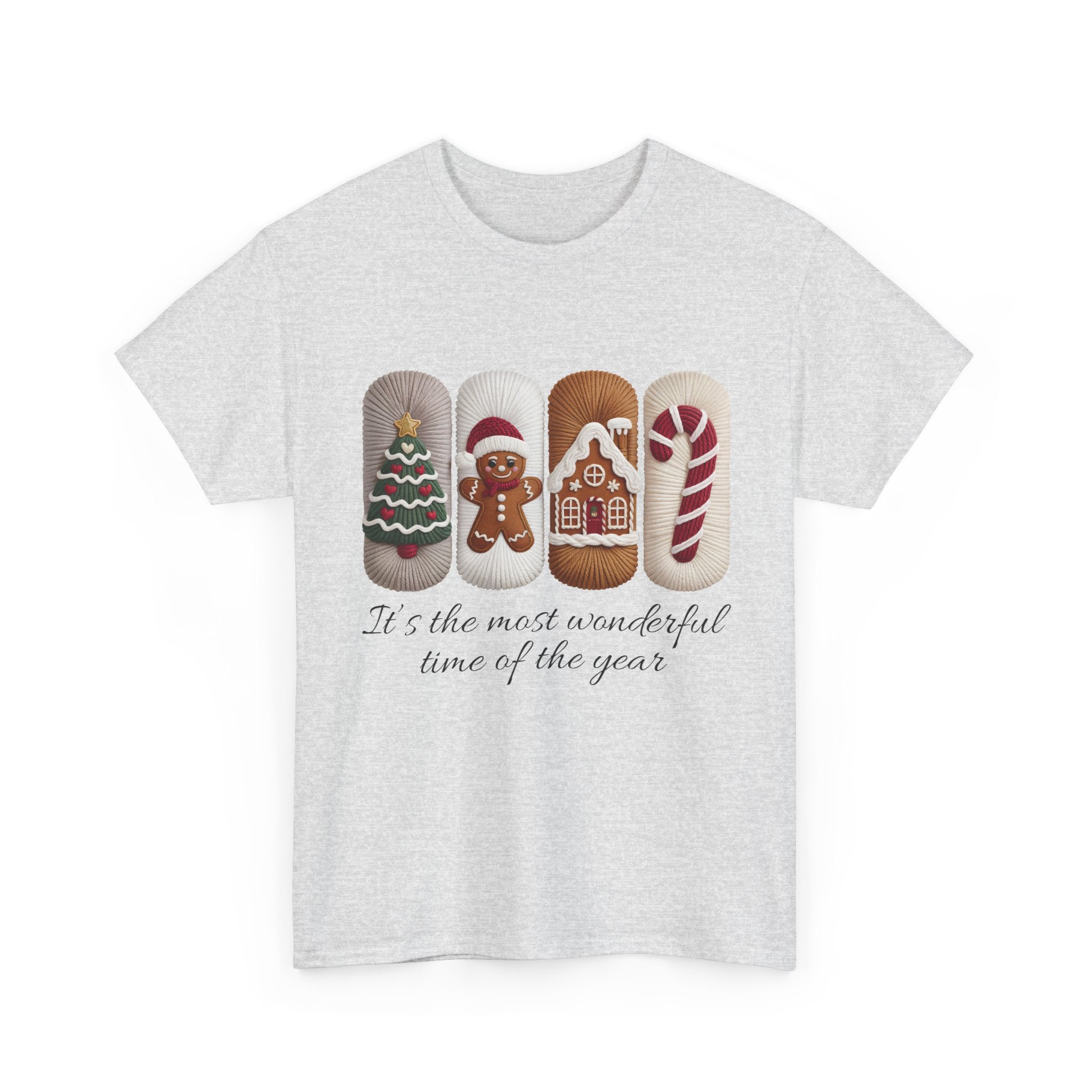 Christmas Faux-Yarn Tree Tee — Gingerbread House & Candy Cane Holiday Unisex Cotton T-Shirt
