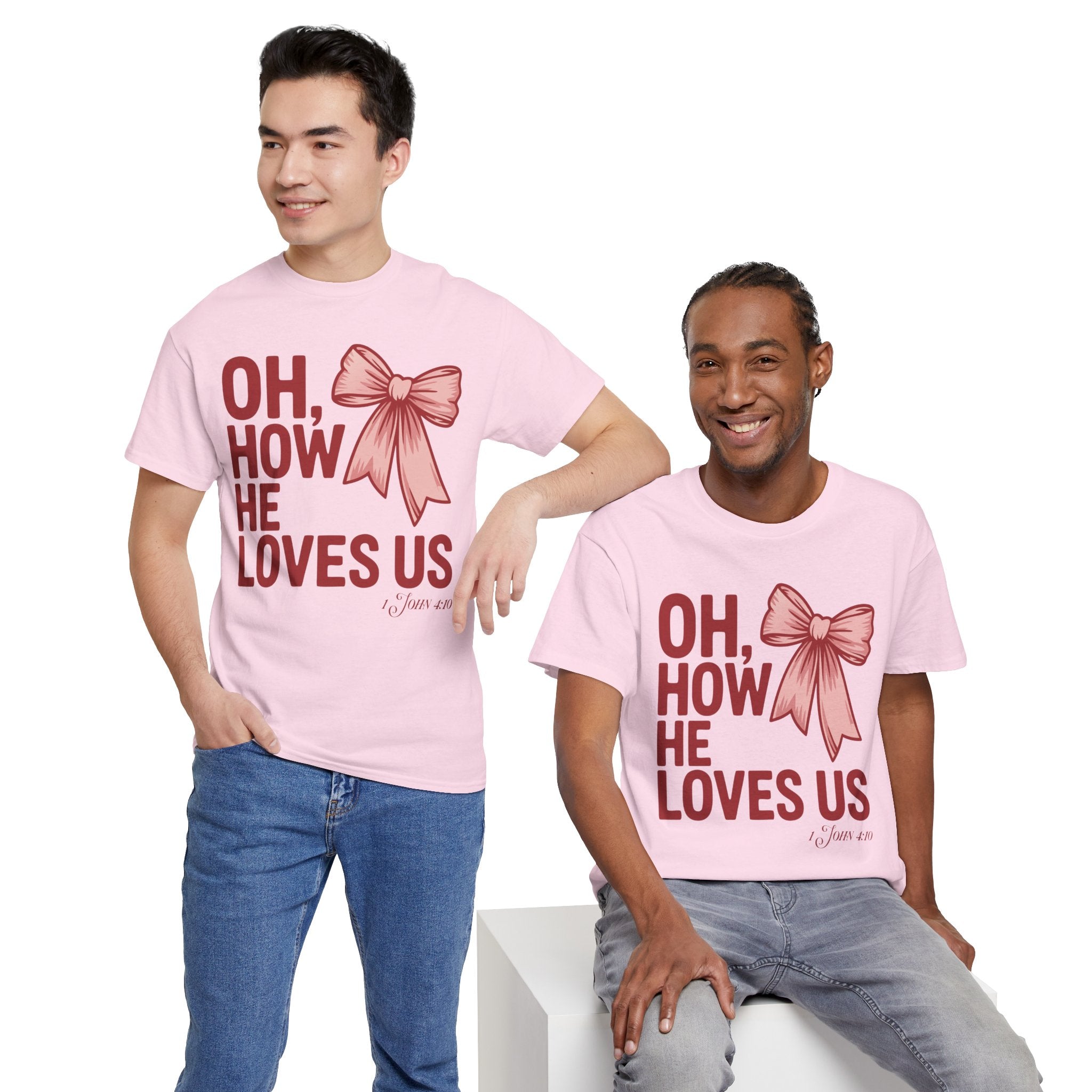Oh, How He Loves Us Christian Valentine Tee — 1 John 4:10 Red & Pink Unisex Cotton Tee