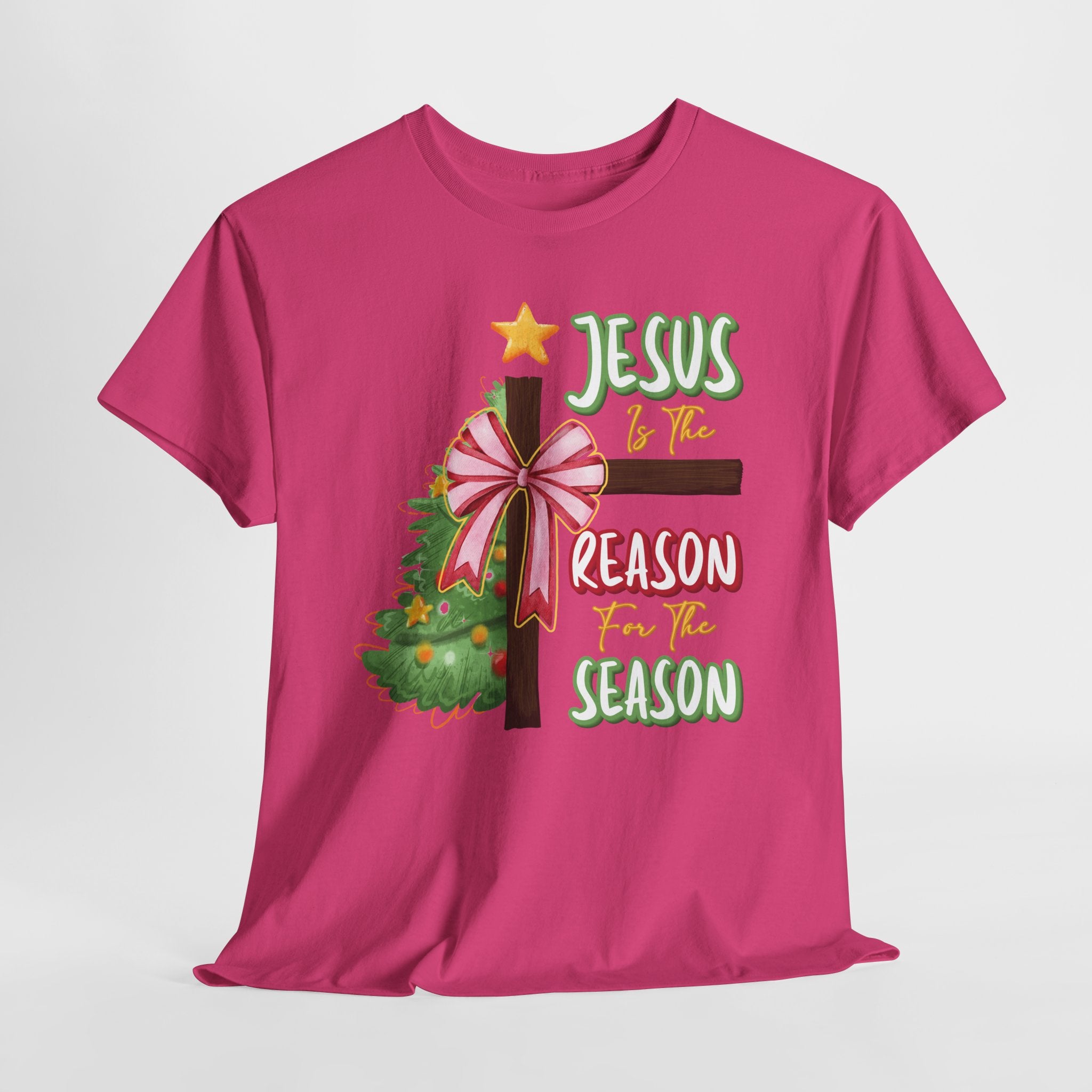 Jesus Is the Reason for the Season Christmas Tee — Cross with Pink Bow & Tree. Unisex Cotton Tee