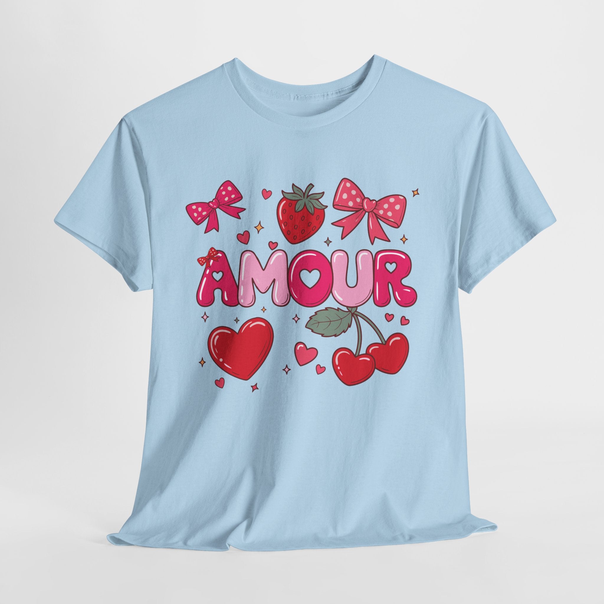 Amour Pink Hearts Tee — Shiny Lettering with Bows, Cherries & Strawberry Accent...Unisex Cotton Tee