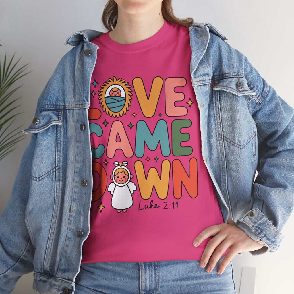 Love Came Down Christmas Tee — Baby Jesus Manger Angel (Luke 2:11)..Unisex Cotton Tee