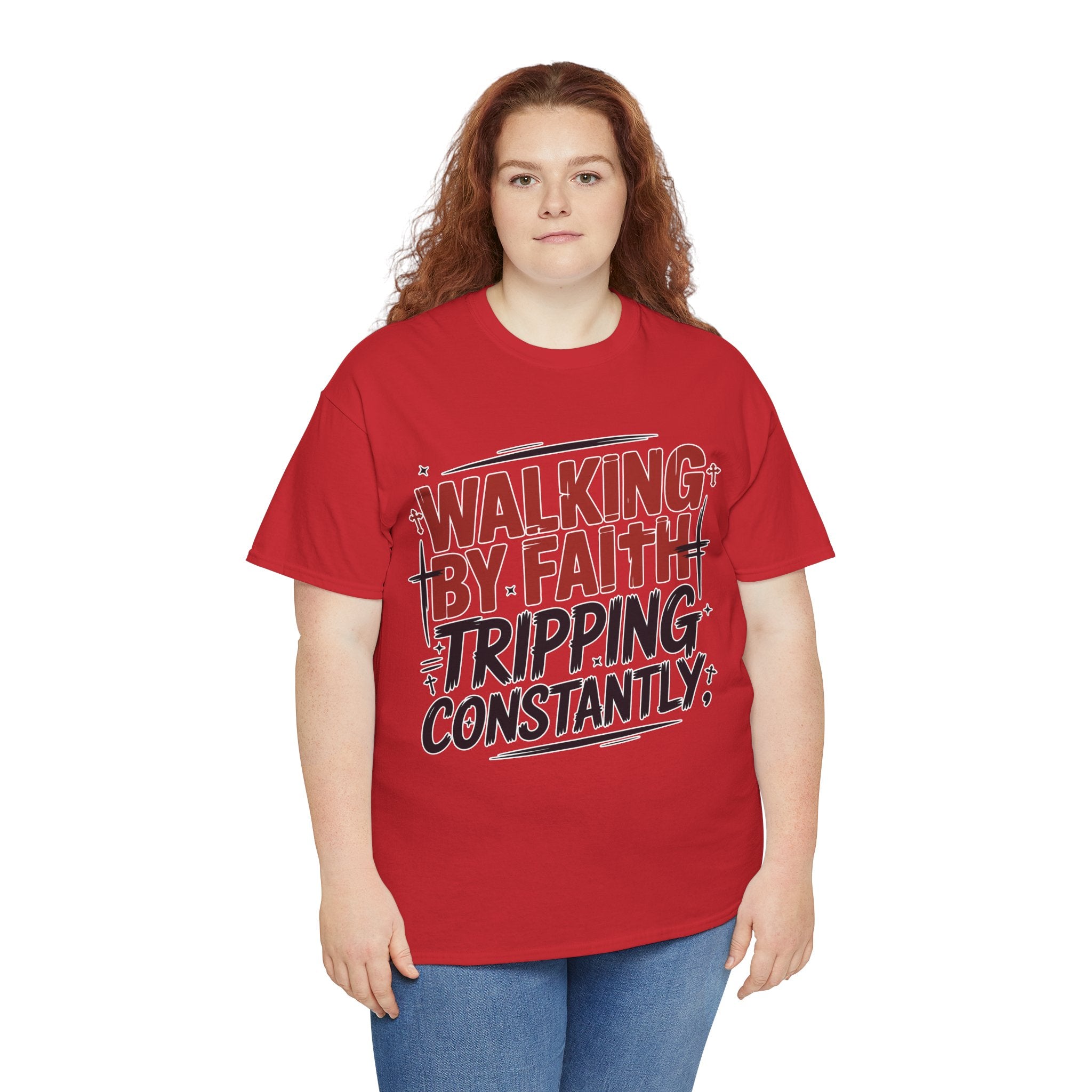 Walking by Faith, Tripping Constantly Unisex Cotton T-Shirt