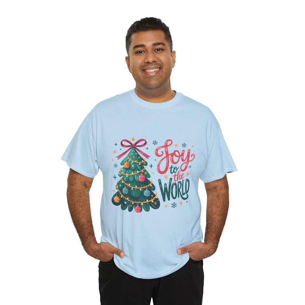 Joy to the World Christmas Tee — Festive Tree with Pink Bow..Unisex Cotton Tee