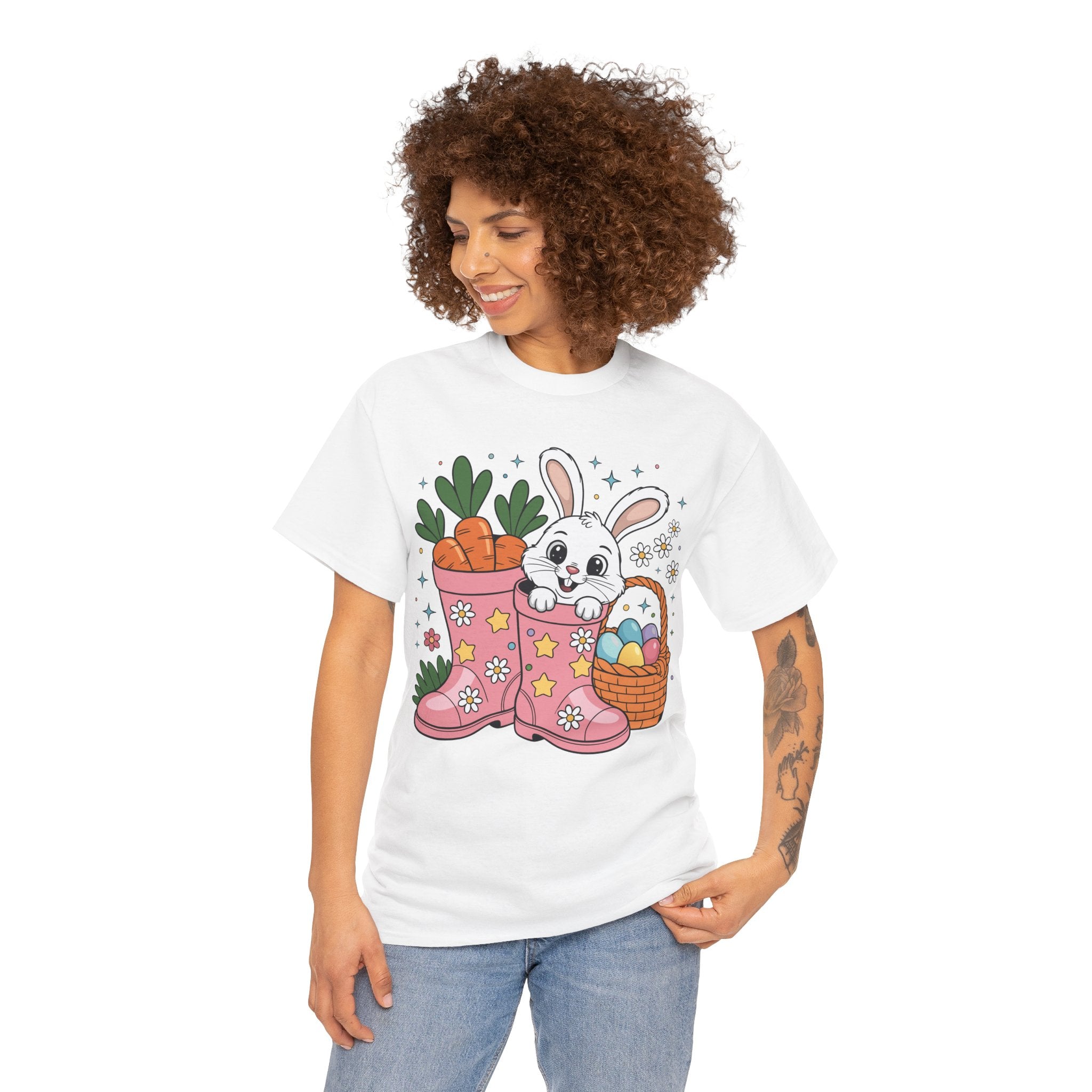 Easter Bunny in Pink Rain Boots T-Shirt — Cartoon Bunny, Carrots & Colorful Eggs Unisex Cotton Tee