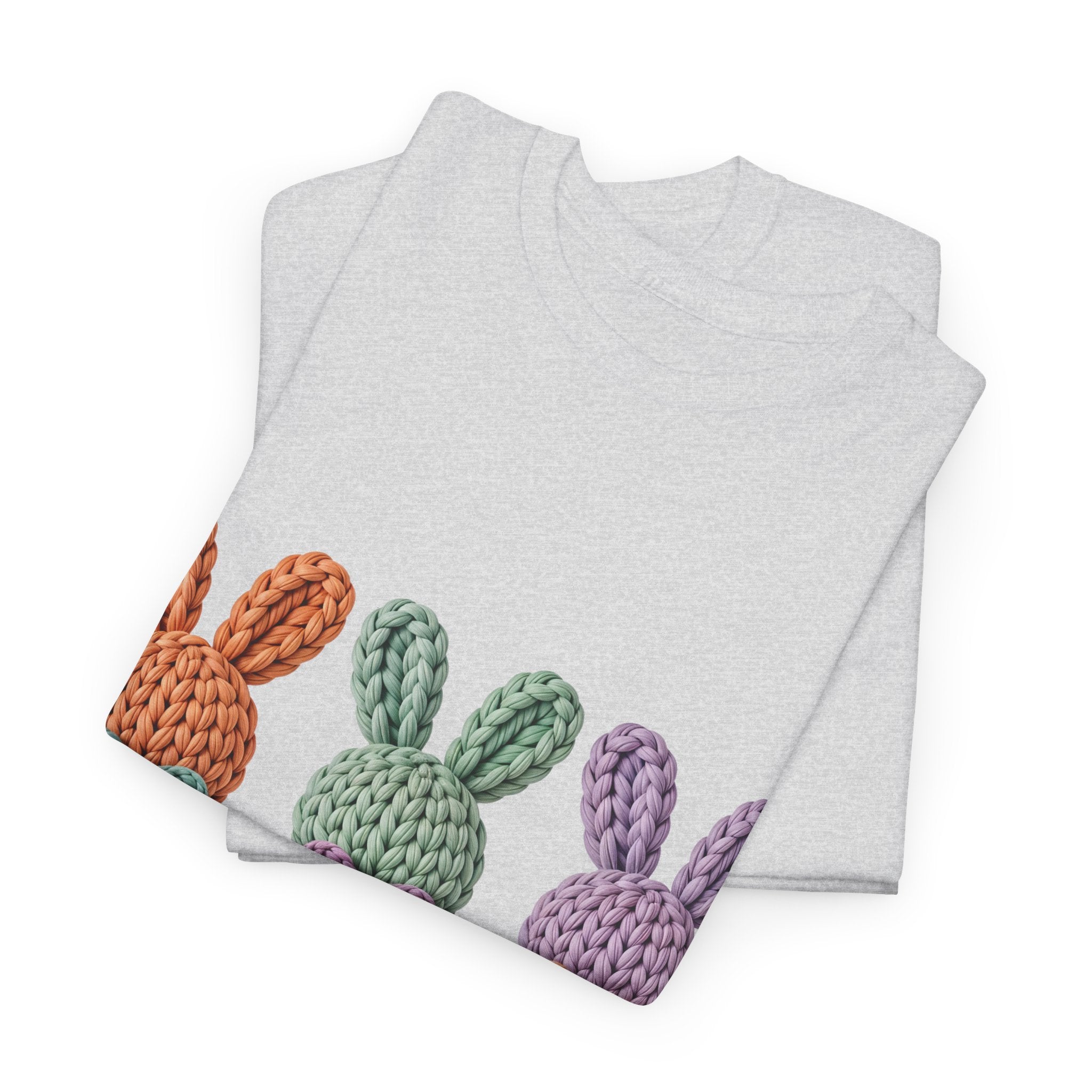 Pastel Crochet Bunny Tee — Trio of Faux Knit Bunnies with Bows & Flowers Unisex Cotton Tee