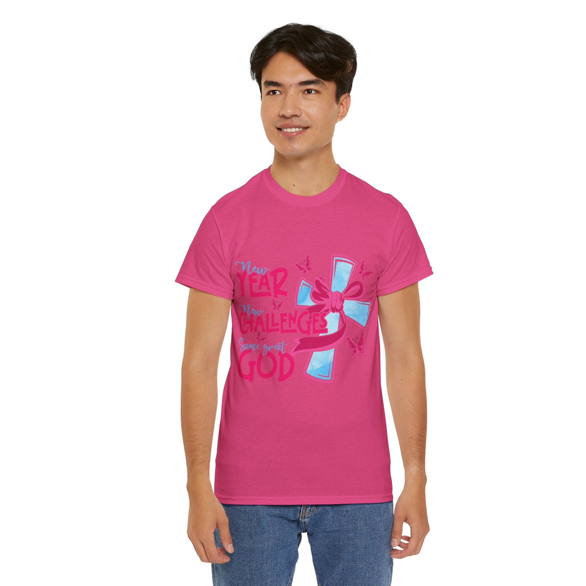 Christian T-Shirt — “New Year, New Challenges, Same Great God” with Pink Bow Cross & Butterflies. Unisex Cotton Tee