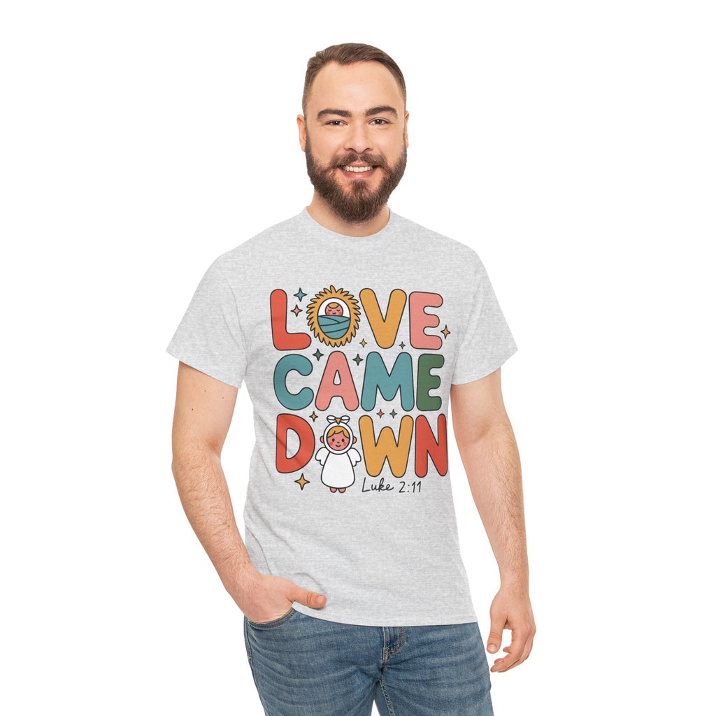 Love Came Down Christmas Tee — Baby Jesus Manger Angel (Luke 2:11)..Unisex Cotton Tee