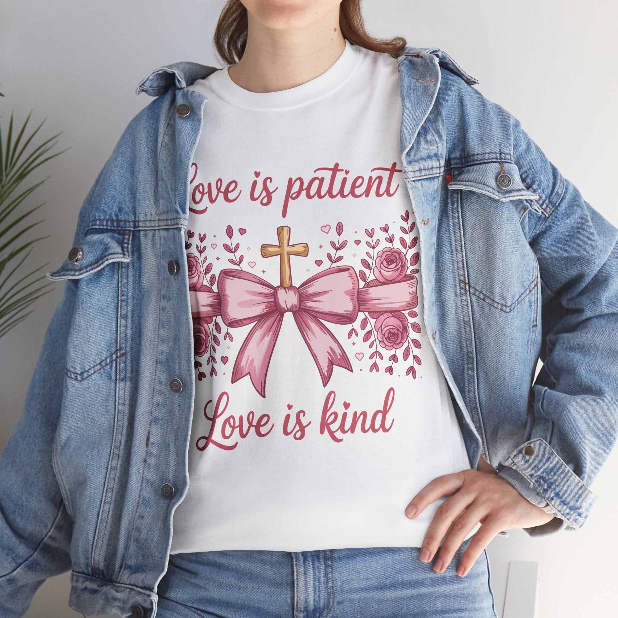 Christian Floral Tee — "Love is Patient, Love is Kind" Pink Rose Cross. Unisex Cotton Tee