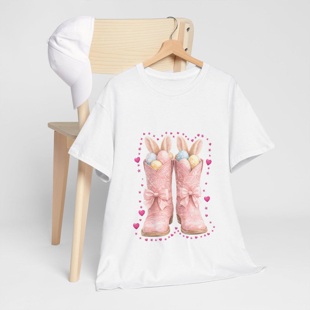 Easter Pink Western Boots Tee — Pastel Bunny Eggs & Bows Unisex Cotton Tee