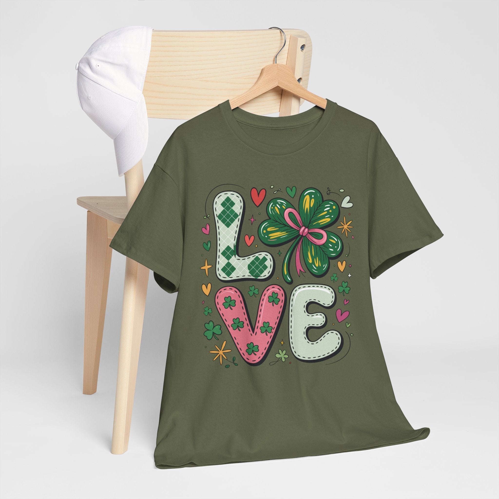 Stitched Clover 'LOVE' Tee — Heart & Patchwork St. Patrick's Unisex Cotton T-Shirt