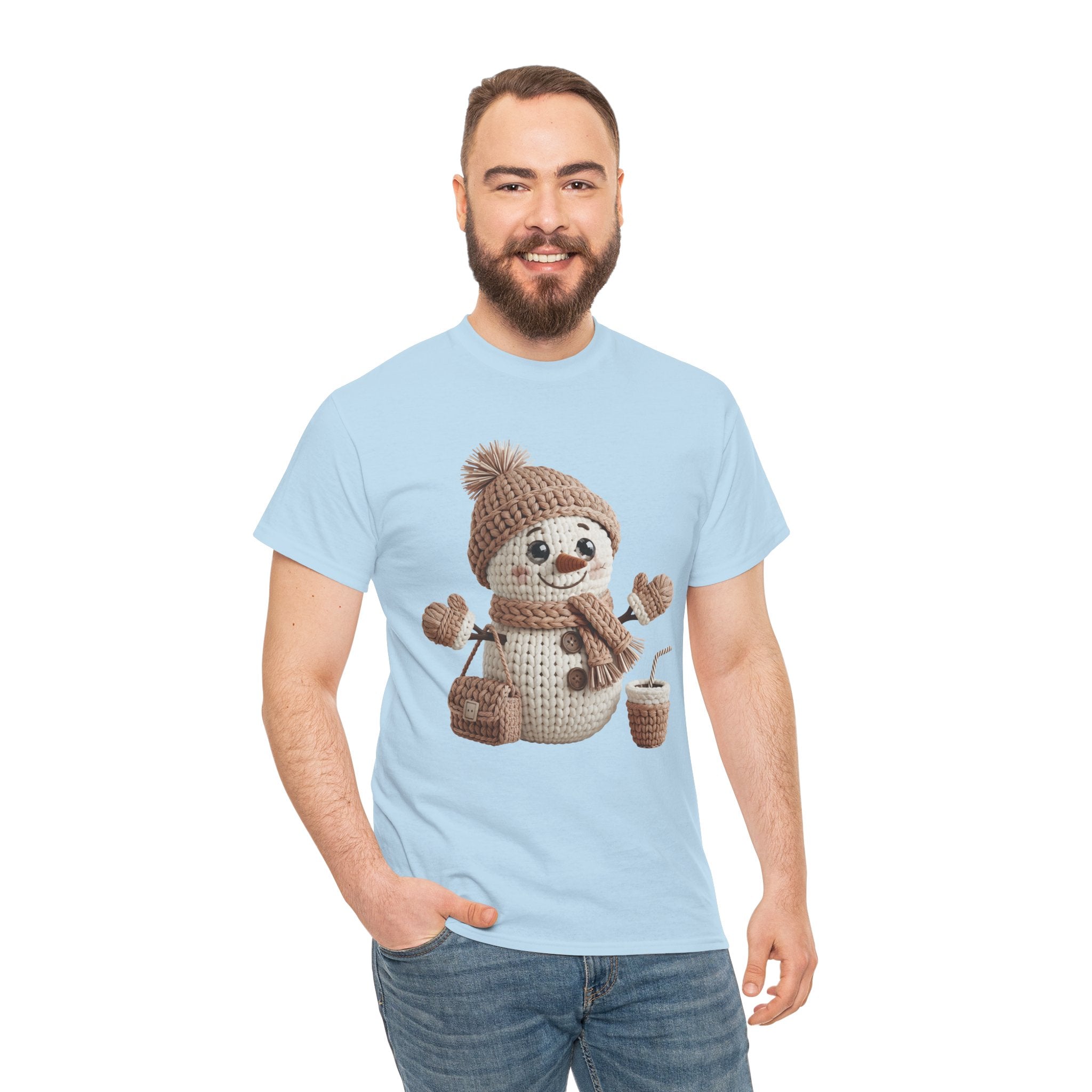 Snowman Knit‑Style Graphic Tee — Cute Faux‑Yarn Snowman with Hat, Scarf & Mittens.Unisex Cotton Tee