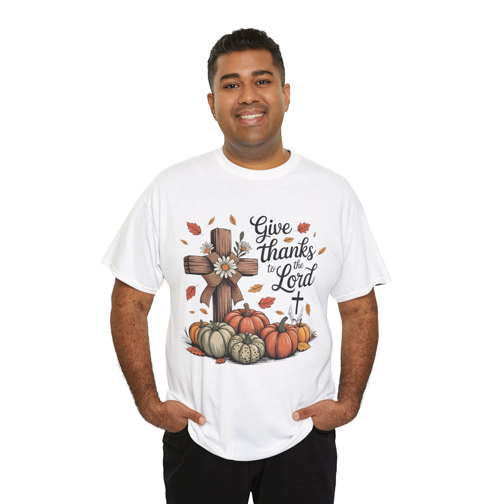 Give Thanks to the Lord Autumn Tee — Wooden Cross, Pumpkins & Daisies..Unisex Cotton Tee