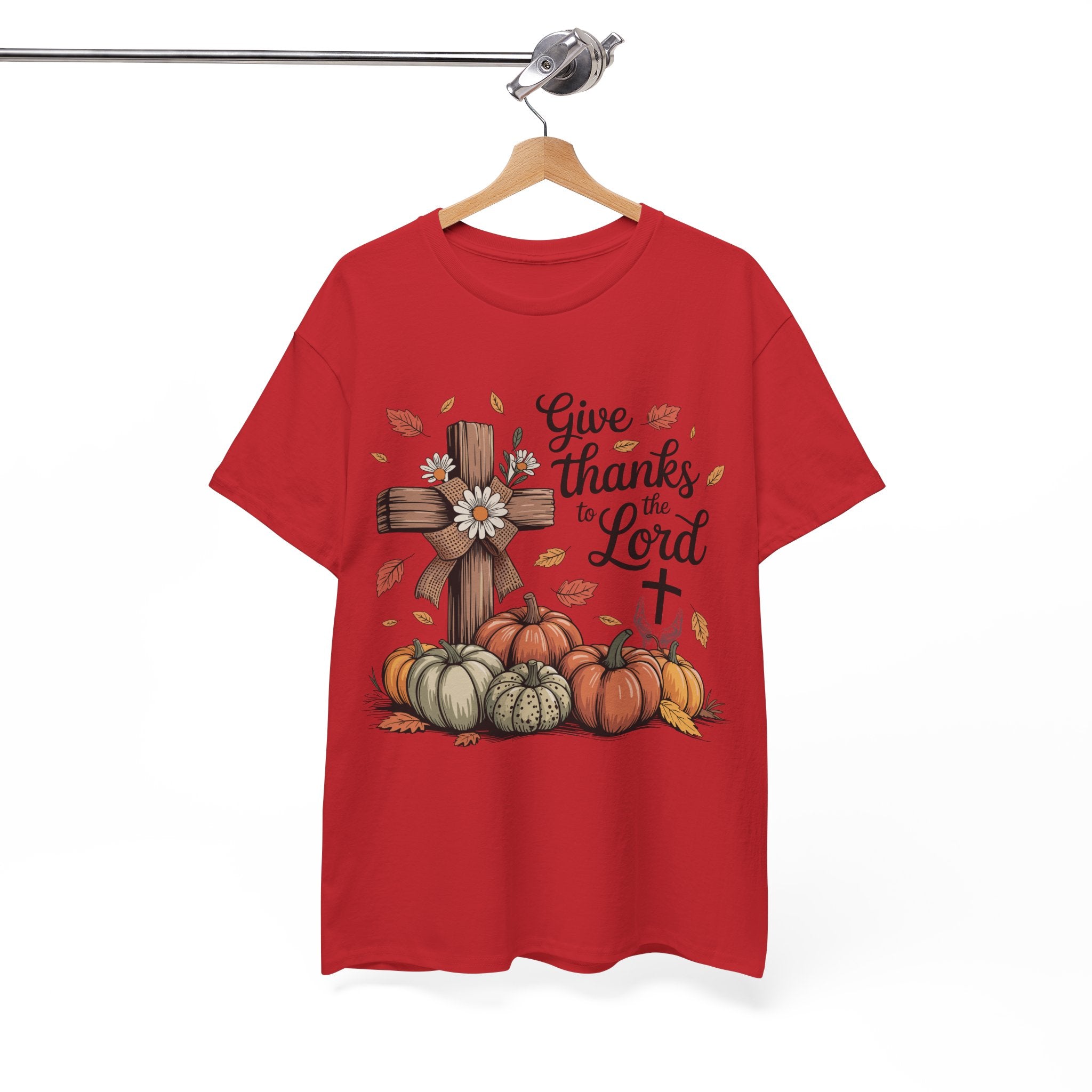 Give Thanks to the Lord Autumn Tee — Wooden Cross, Pumpkins & Daisies..Unisex Cotton Tee