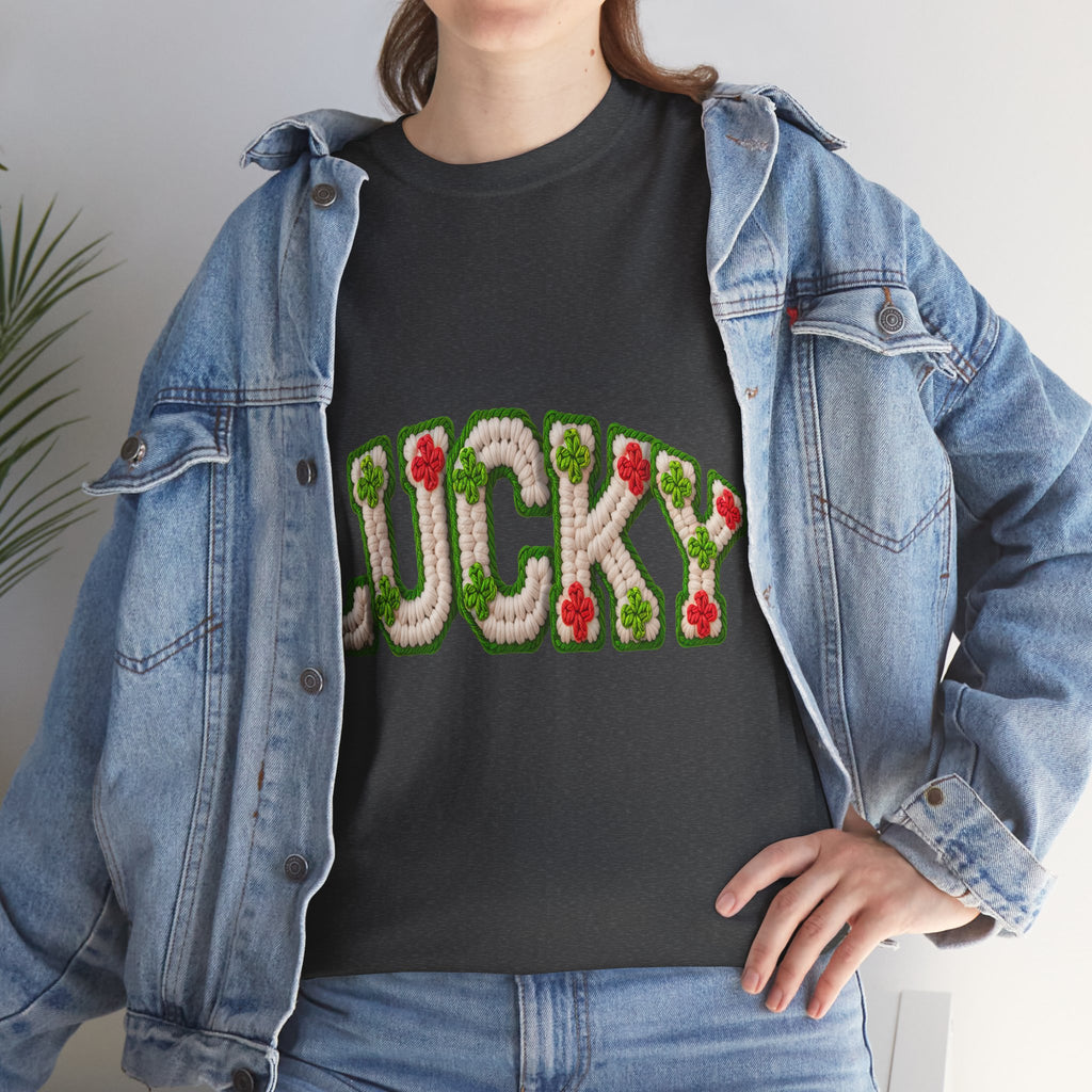 Lucky Crochet Clover T-Shirt — Faux-Yarn Embroidered St. Patrick’s Unisex Cotton Tee