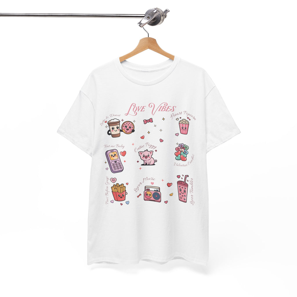 Love Vibes Kawaii Valentine T-Shirt — Cute Donut, Coffee & Piglet Design Unisex Cotton Tee