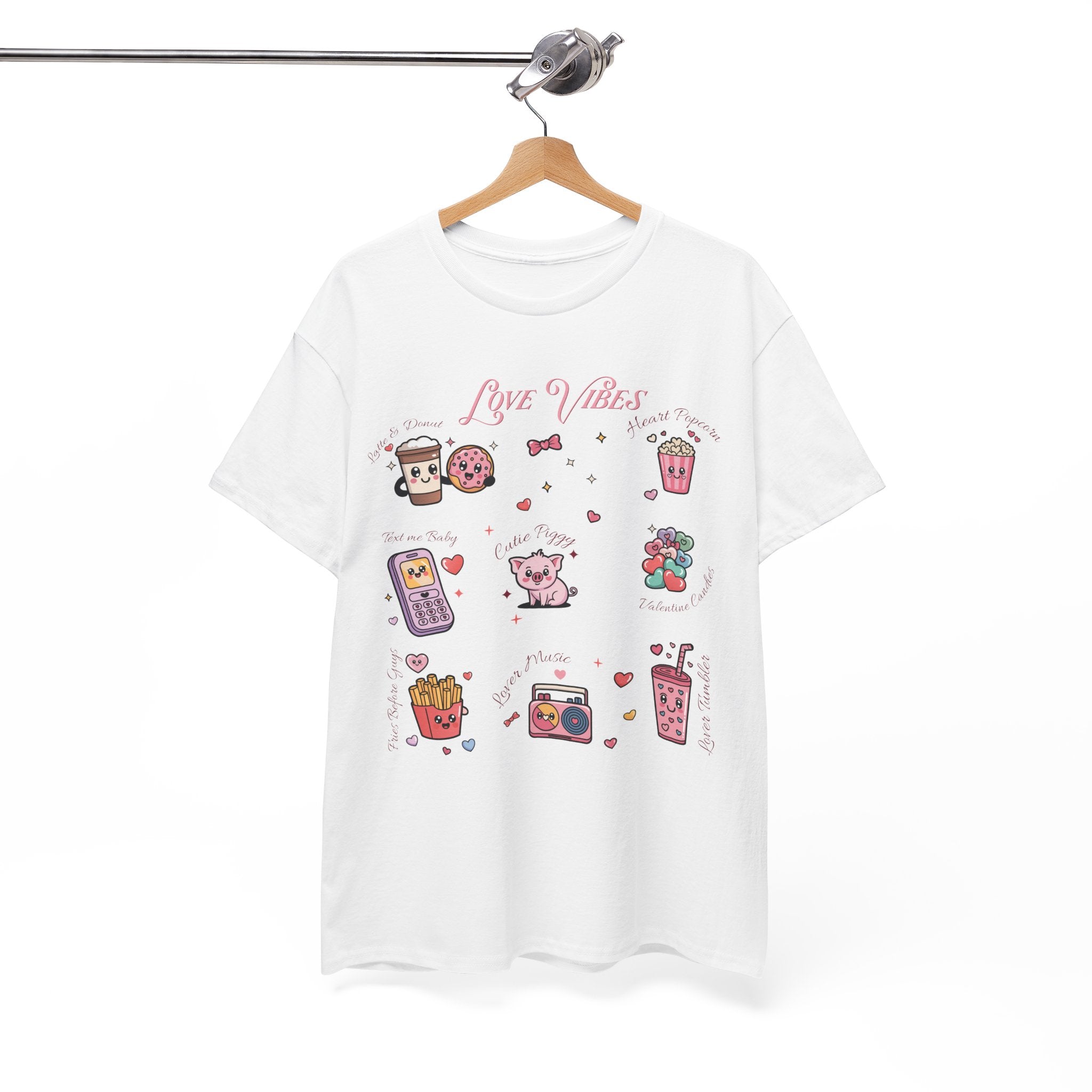 Love Vibes Kawaii Valentine T-Shirt — Cute Donut, Coffee & Piglet Design Unisex Cotton Tee