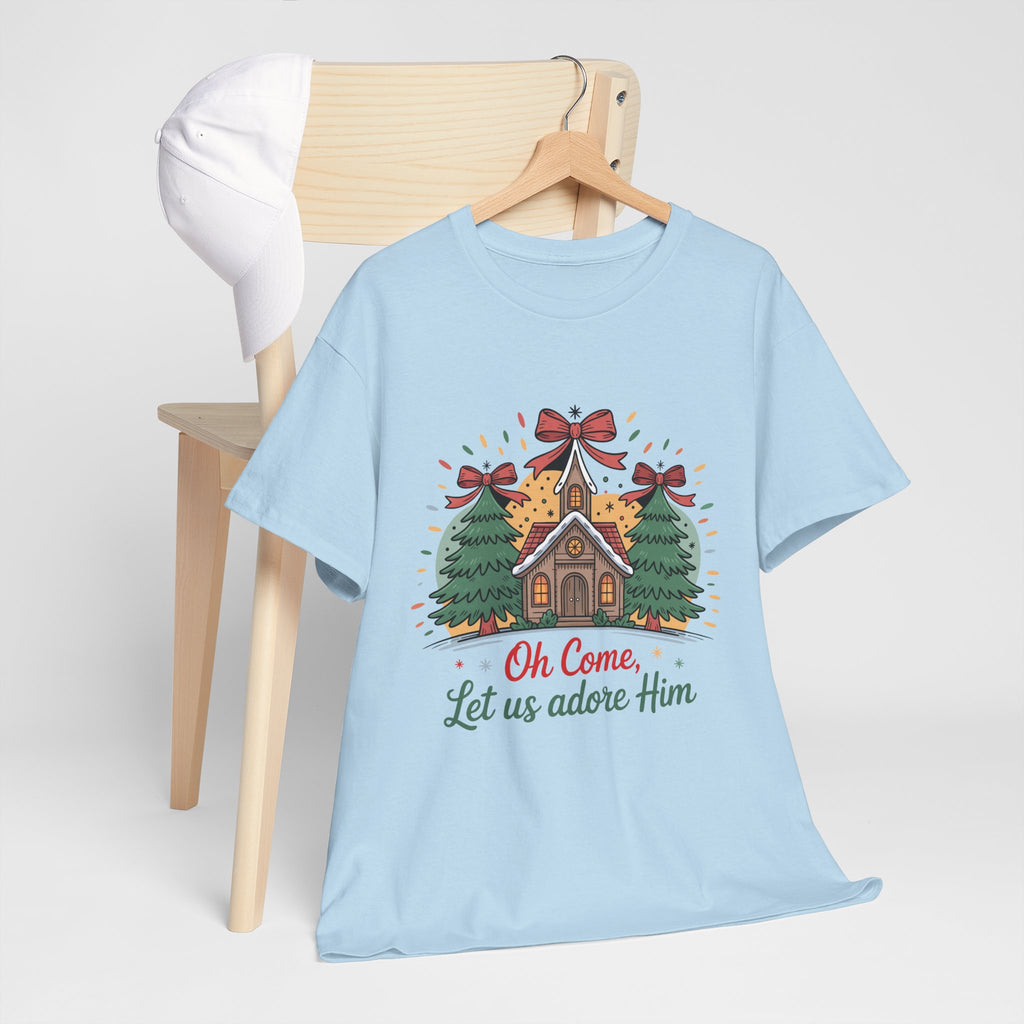 Oh Come Let Us Adore Him Christmas Tee — Church & Trees Holiday Unisex Cotton Tshirt