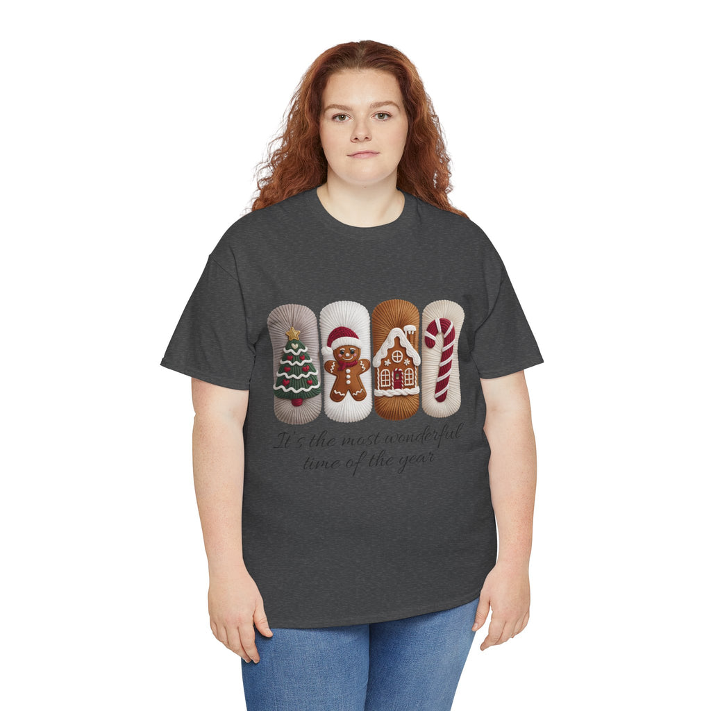 Christmas Faux-Yarn Tree Tee — Gingerbread House & Candy Cane Holiday Unisex Cotton T-Shirt