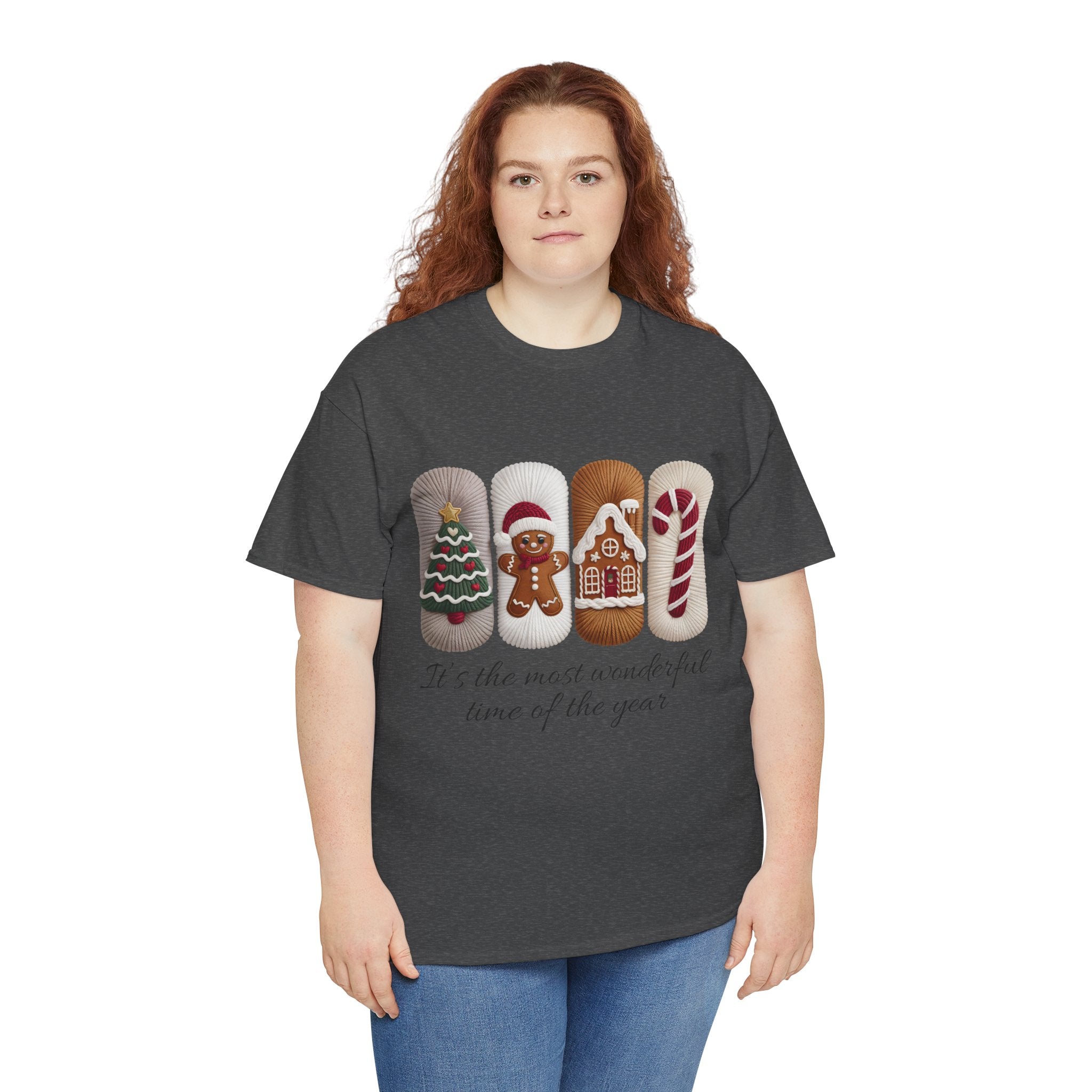 Christmas Faux-Yarn Tree Tee — Gingerbread House & Candy Cane Holiday Unisex Cotton T-Shirt