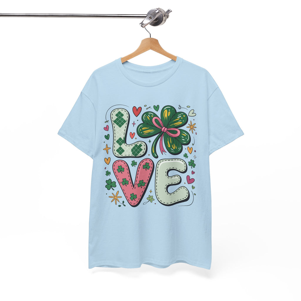 Stitched Clover 'LOVE' Tee — Heart & Patchwork St. Patrick's Unisex Cotton T-Shirt