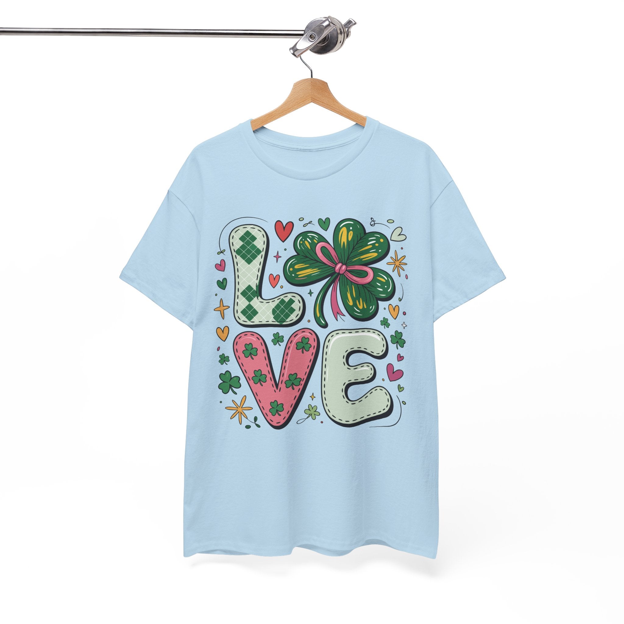Stitched Clover 'LOVE' Tee — Heart & Patchwork St. Patrick's Unisex Cotton T-Shirt