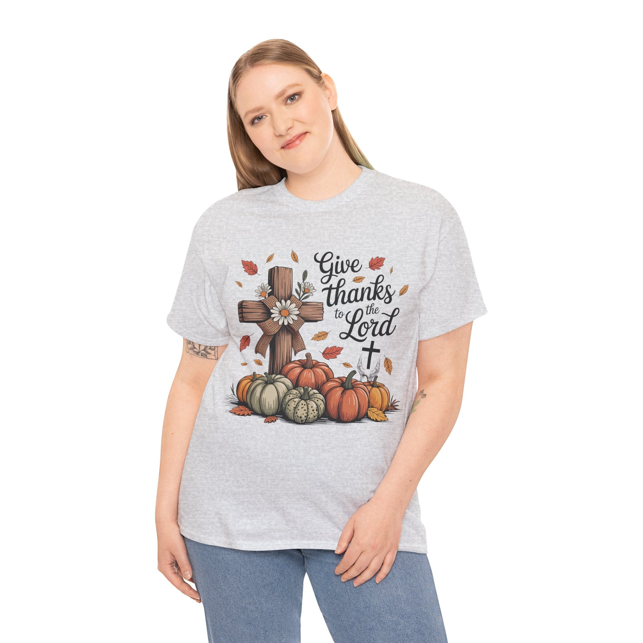 Give Thanks to the Lord Autumn Tee — Wooden Cross, Pumpkins & Daisies..Unisex Cotton Tee