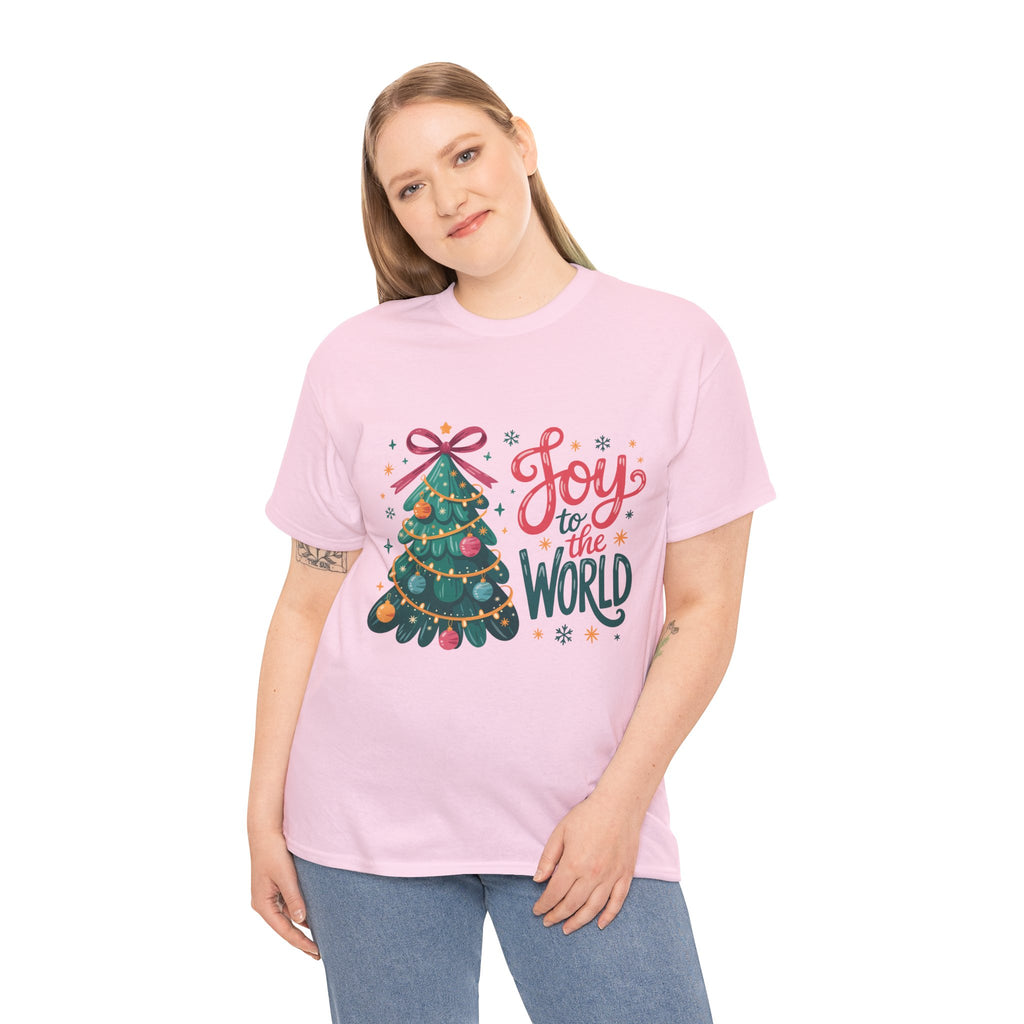 Joy to the World Christmas Tee — Festive Tree with Pink Bow..Unisex Cotton Tee