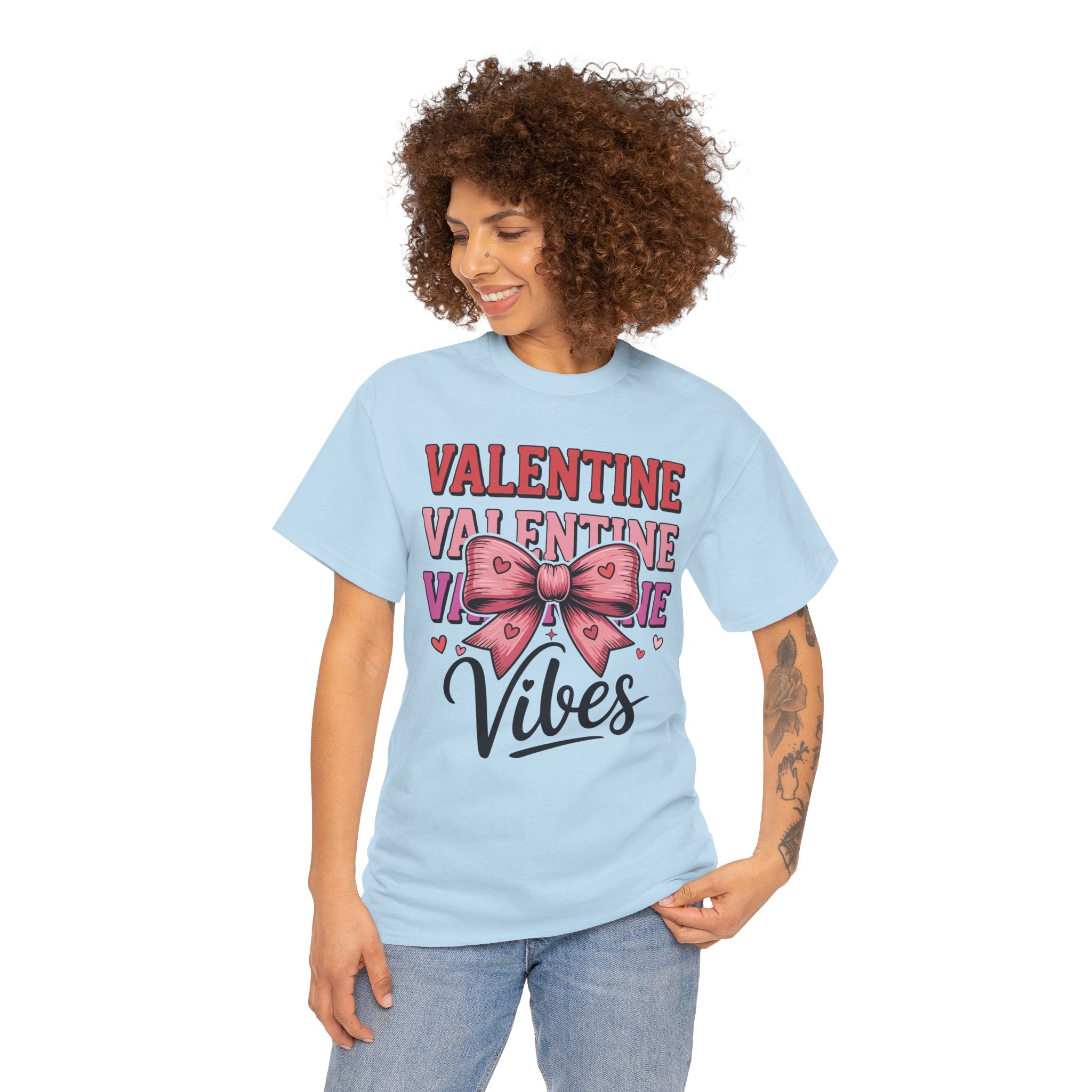Valentine Vibes T-Shirt — Pink Bow Heart Graphic Unisex Cotton Tee
