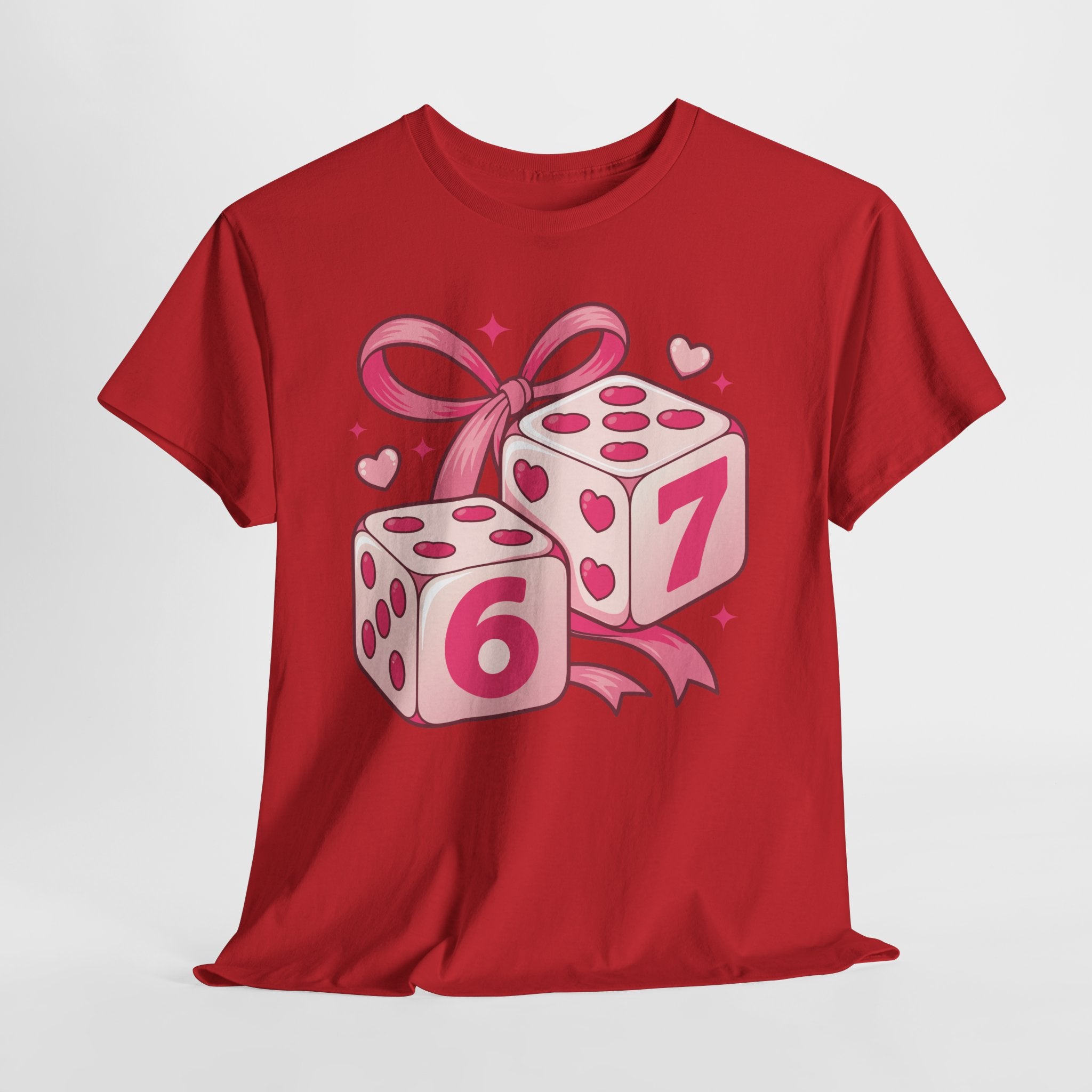 Lucky Love Dice T-Shirt — Pink Heart Dice with Bow..Unisex Cotton Tee
