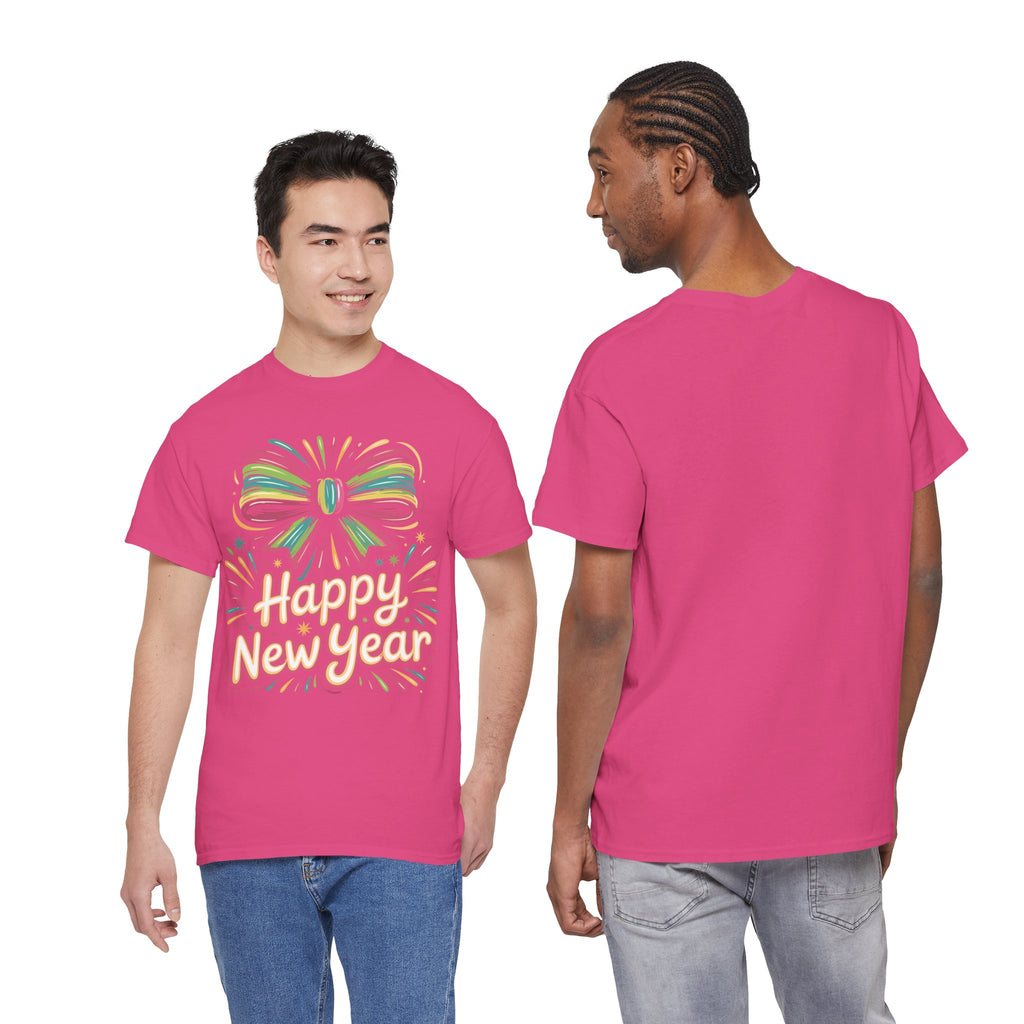 Happy New Year Pastel Tee — Rainbow Bow & Fireworks Celebration Unisex Cotton Tshirt